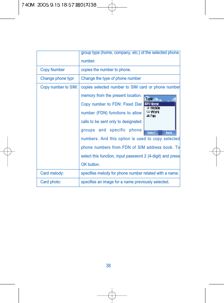group type (home, company, etc.) of the selected phonenumber. Copy Number copies the number to phone.Change phone typr Change the type of phone numberCopy number to SIM: copies selected number to SIM card or phone numbermemory from the present location.Copy number to FDN: Fixed Dialnumber (FDN) functions to allowcalls to be sent only to designatedgroups and specific phonenumbers. And this option is used to copy selectedphone numbers from FDN of SIM address book. Toselect this function, input password 2 (4-digit) and pressOK button. Card melody: specifies melody for phone number related with a name. Card photo: specifies an image for a name previously selected.38
