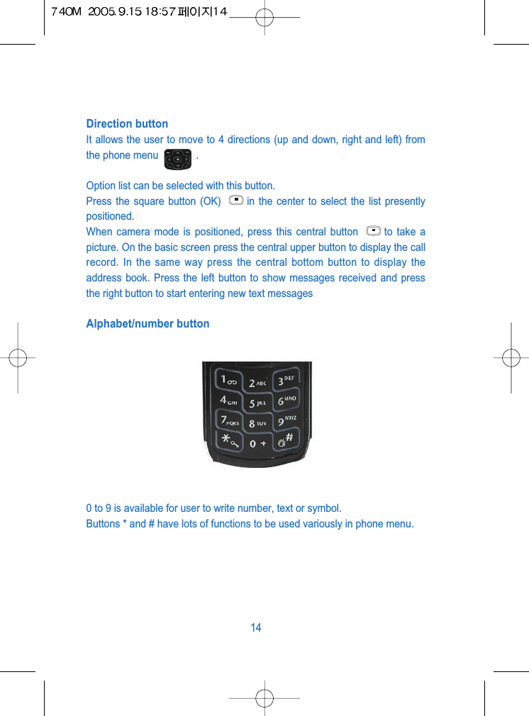 Direction buttonIt allows the user to move to 4 directions (up and down, right and left) fromthe phone menu  .Option list can be selected with this button.Press the square button (OK)  in the center to select the list presentlypositioned.When camera mode is positioned, press this central button  to take apicture. On the basic screen press the central upper button to display the callrecord. In the same way press the central bottom button to display theaddress book. Press the left button to show messages received and pressthe right button to start entering new text messagesAlphabet/number button0 to 9 is available for user to write number, text or symbol.Buttons * and # have lots of functions to be used variously in phone menu.14