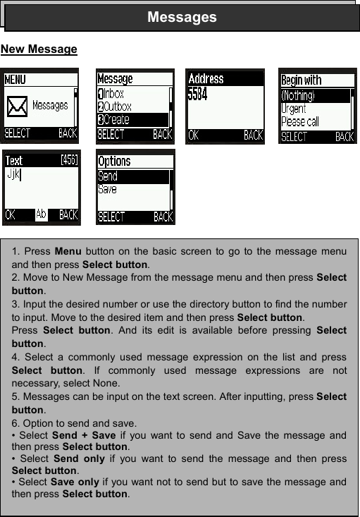 ----    32323232    ----       New Message                           Messages1. Press Menu button on the basic screen to go to the message menuand then press Select button.  2. Move to New Message from the message menu and then press Selectbutton. 3. Input the desired number or use the directory button to find the numberto input. Move to the desired item and then press Select button.  Press  Select button. And its edit is available before pressing Selectbutton. 4. Select a commonly used message expression on the list and pressSelect button. If commonly used message expressions are notnecessary, select None. 5. Messages can be input on the text screen. After inputting, press Selectbutton. 6. Option to send and save. &bull; Select  Send + Save if you want to send and Save the message andthen press Select button. &bull; Select  Send only if you want to send the message and then pressSelect button. &bull; Select Save only if you want not to send but to save the message andthen press Select button. 