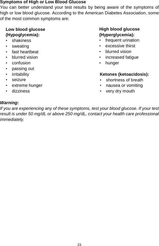 23  Symptoms of High or Low Blood Glucose   You can better understand your test results by being aware of the symptoms of high or low blood glucose. According to the American Diabetes Association, some of the most common symptoms are:                 Warning: If you are experiencing any of these symptoms, test your blood glucose. If your test result is under 50 mg/dL or above 250 mg/dL, contact your health care professional immediately.                       Low blood glucose (Hypoglycemia): •  shakiness   • sweating   • fast heartbeat   • blurred vision   • confusion   • passing out   • irritability   • seizure   • extreme hunger   • dizziness  High blood glucose (Hyperglycemia): • frequent urination   • excessive thirst   • blurred vision   • increased fatigue   • hunger  Ketones (ketoacidosis): • shortness of breath   • nausea or vomiting   • very dry mouth    