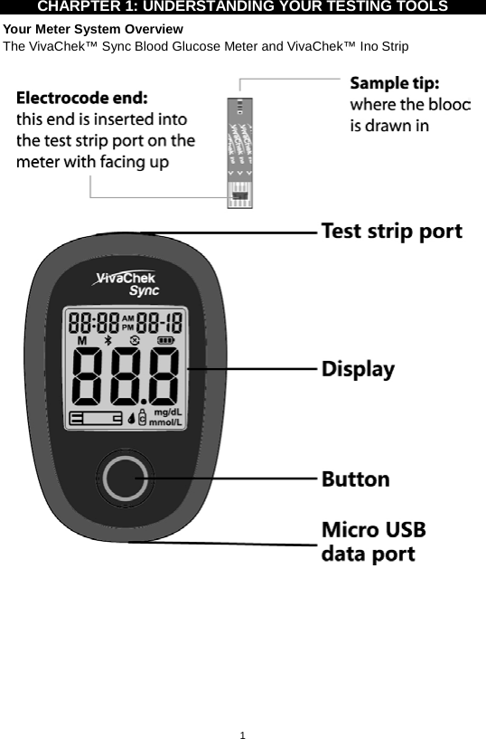 1  CHARPTER 1: UNDERSTANDING YOUR TESTING TOOLS Your Meter System Overview The VivaChek™ Sync Blood Glucose Meter and VivaChek™ Ino Strip              