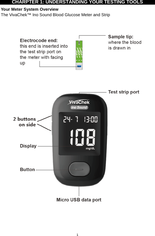 1  CHARPTER 1: UNDERSTANDING YOUR TESTING TOOLS Your Meter System Overview The VivaChek™ Ino Sound Blood Glucose Meter and Strip          