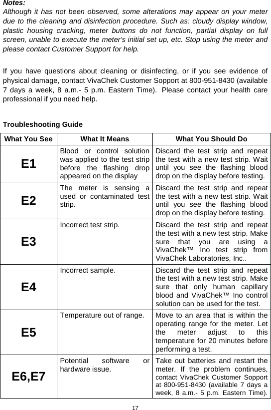 17  Notes: Although it has not been observed, some alterations may appear on your meter due to the cleaning and disinfection procedure. Such as: cloudy display window, plastic housing cracking, meter buttons do not function, partial display on full screen, unable to execute the meter’s initial set up, etc. Stop using the meter and please contact Customer Support for help.  If you have questions about cleaning or disinfecting, or if you see evidence of physical damage, contact VivaChek Customer Sopport at 800-951-8430 (available 7 days a week, 8 a.m.-  5 p.m. Eastern Time). Please contact your health care professional if you need help.  Troubleshooting Guide What You See What It Means What You Should Do E1 Blood or control solution was applied to the test strip before the flashing drop appeared on the display Discard the test strip and repeat the test with a new test strip. Wait until you see the flashing blood drop on the display before testing. E2 The meter is sensing a used or contaminated test strip.   Discard the test strip and repeat the test with a new test strip. Wait until you see the flashing blood drop on the display before testing. E3 Incorrect test strip.   Discard the test strip and repeat the test with a new test strip. Make sure that you are using a VivaChek™ Ino test strip from VivaChek Laboratories, Inc..   E4 Incorrect sample.   Discard the test strip and repeat the test with a new test strip. Make sure that only human capillary blood and VivaChek™ Ino control solution can be used for the test.   E5 Temperature out of range.   Move to an area that is within the operating range for the meter. Let the meter adjust to this temperature for 20 minutes before performing a test.   E6,E7 Potential software or hardware issue.   Take out batteries and restart the meter. If the problem continues, contact VivaChek Customer Sopport at 800-951-8430 (available 7 days a week, 8 a.m.- 5 p.m. Eastern Time). 