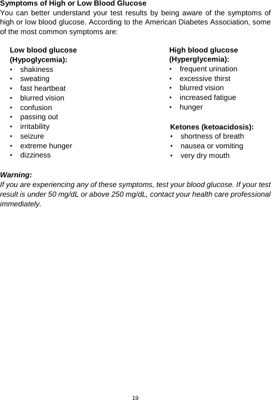 19    Symptoms of High or Low Blood Glucose   You can better understand your test results by being aware of the symptoms of high or low blood glucose. According to the American Diabetes Association, some of the most common symptoms are:                 Warning: If you are experiencing any of these symptoms, test your blood glucose. If your test result is under 50 mg/dL or above 250 mg/dL, contact your health care professional immediately.                      Low blood glucose (Hypoglycemia): •  shakiness   • sweating   • fast heartbeat   • blurred vision   • confusion   • passing out   • irritability   • seizure   • extreme hunger   • dizziness  High blood glucose (Hyperglycemia): • frequent urination   • excessive thirst   • blurred vision   • increased fatigue   • hunger  Ketones (ketoacidosis): • shortness of breath   • nausea or vomiting   • very dry mouth    