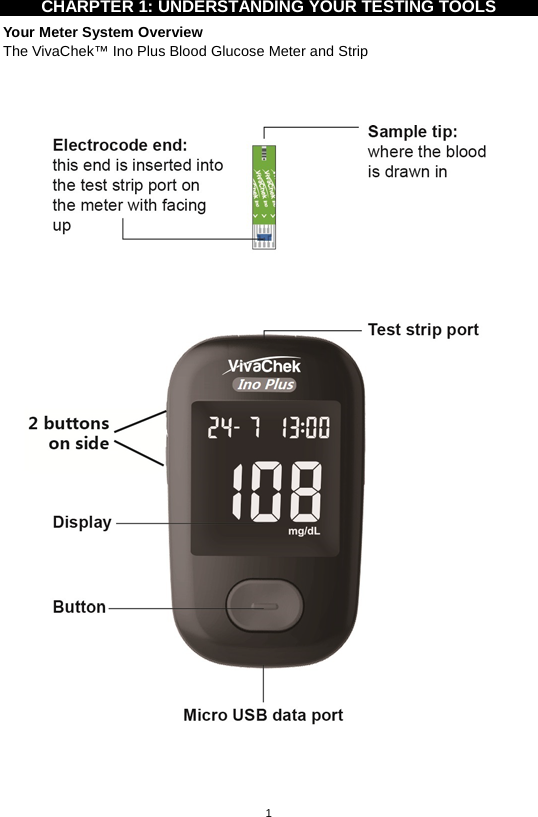 1  CHARPTER 1: UNDERSTANDING YOUR TESTING TOOLS Your Meter System Overview The VivaChek™ Ino Plus Blood Glucose Meter and Strip         