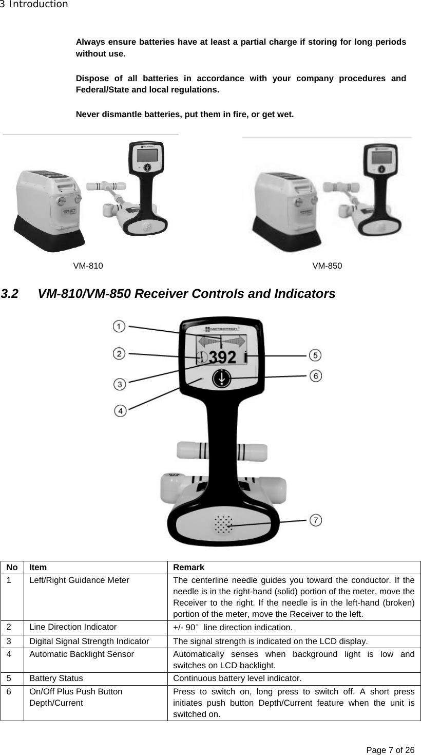 3 Introduction Page 7 of 26  Always ensure batteries have at least a partial charge if storing for long periods without use.  Dispose of all batteries in accordance with your company procedures and Federal/State and local regulations.  Never dismantle batteries, put them in fire, or get wet.      VM-810      VM-850  3.2  VM-810/VM-850 Receiver Controls and Indicators    No Item  Remark 1  Left/Right Guidance Meter  The centerline  needle guides you toward the conductor. If the needle is in the right-hand (solid) portion of the meter, move the Receiver to the right. If the needle is in the left-hand (broken) portion of the meter, move the Receiver to the left. 2  Line Direction Indicator  +/- 90°line direction indication. 3  Digital Signal Strength Indicator  The signal strength is indicated on the LCD display. 4  Automatic Backlight Sensor  Automatically senses when background light is low and switches on LCD backlight. 5  Battery Status  Continuous battery level indicator. 6  On/Off Plus Push Button Depth/Current Press to switch on, long press to switch off. A short press initiates push button Depth/Current feature when the unit is switched on. 