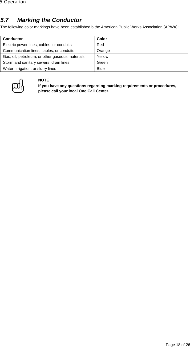 5 Operation Page 18 of 26  5.7  Marking the Conductor The following color markings have been established b the American Public Works Association (APWA):  Conductor Color Electric power lines, cables, or conduits  Red Communication lines, cables, or conduits  Orange Gas, oil, petroleum, or other gaseous materials  Yellow Storm and sanitary sewers; drain lines  Green Water, irrigation, or slurry lines  Blue   NOTE If you have any questions regarding marking requirements or procedures, please call your local One Call Center.  