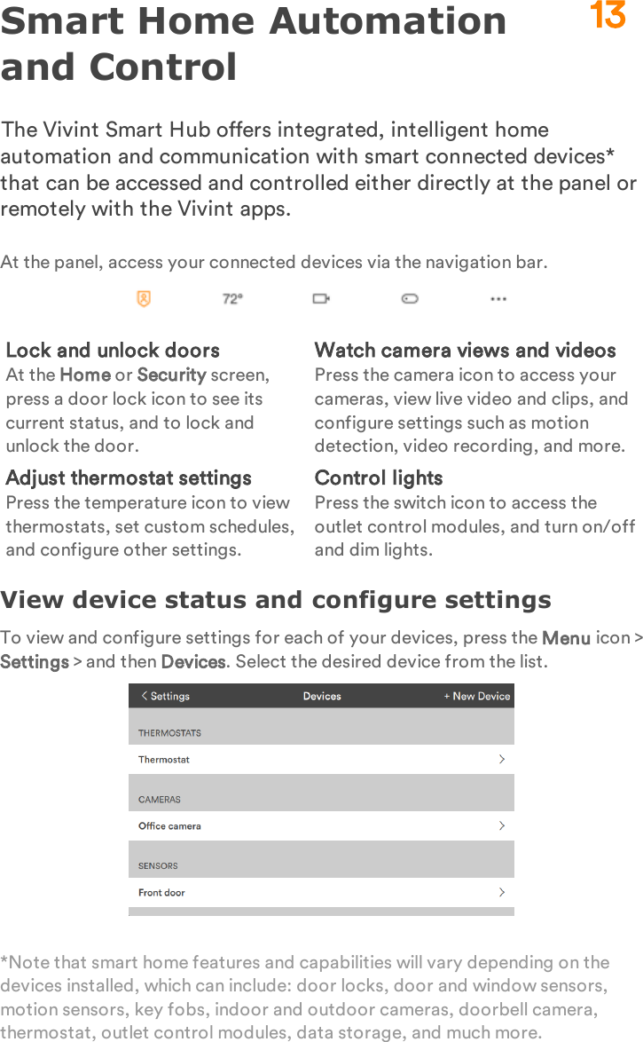 Smart Home Automation and ControlThe Vivint Smart Hub offers integrated, intelligent home automation and communication with smart connected devices* that can be accessed and controlled either directly at the panel or remotely with the Vivint apps.At the panel, access your connected devices via the navigation bar.Lock and unlock doorsAt the Home or Security screen, press a door lock icon to see its current status, and to lock and unlock the door.Watch camera views and videosPress the camera icon to access your cameras, view live video and clips, and configure settings such as motion detection, video recording, and more.Adjust thermostat settingsPress the temperature icon to view thermostats, set custom schedules, and configure other settings.Control lightsPress the switch icon to access the outlet control modules, and turn on/off and dim lights.View device status and configure settingsTo view and configure settings for each of your devices, press the Menu icon &gt; Settings &gt; and then Devices. Select the desired device from the list.*Note that smart home features and capabilities will vary depending on the devices installed, which can include: door locks, door and window sensors, motion sensors, key fobs, indoor and outdoor cameras, doorbell camera, thermostat, outlet control modules, data storage, and much more.13