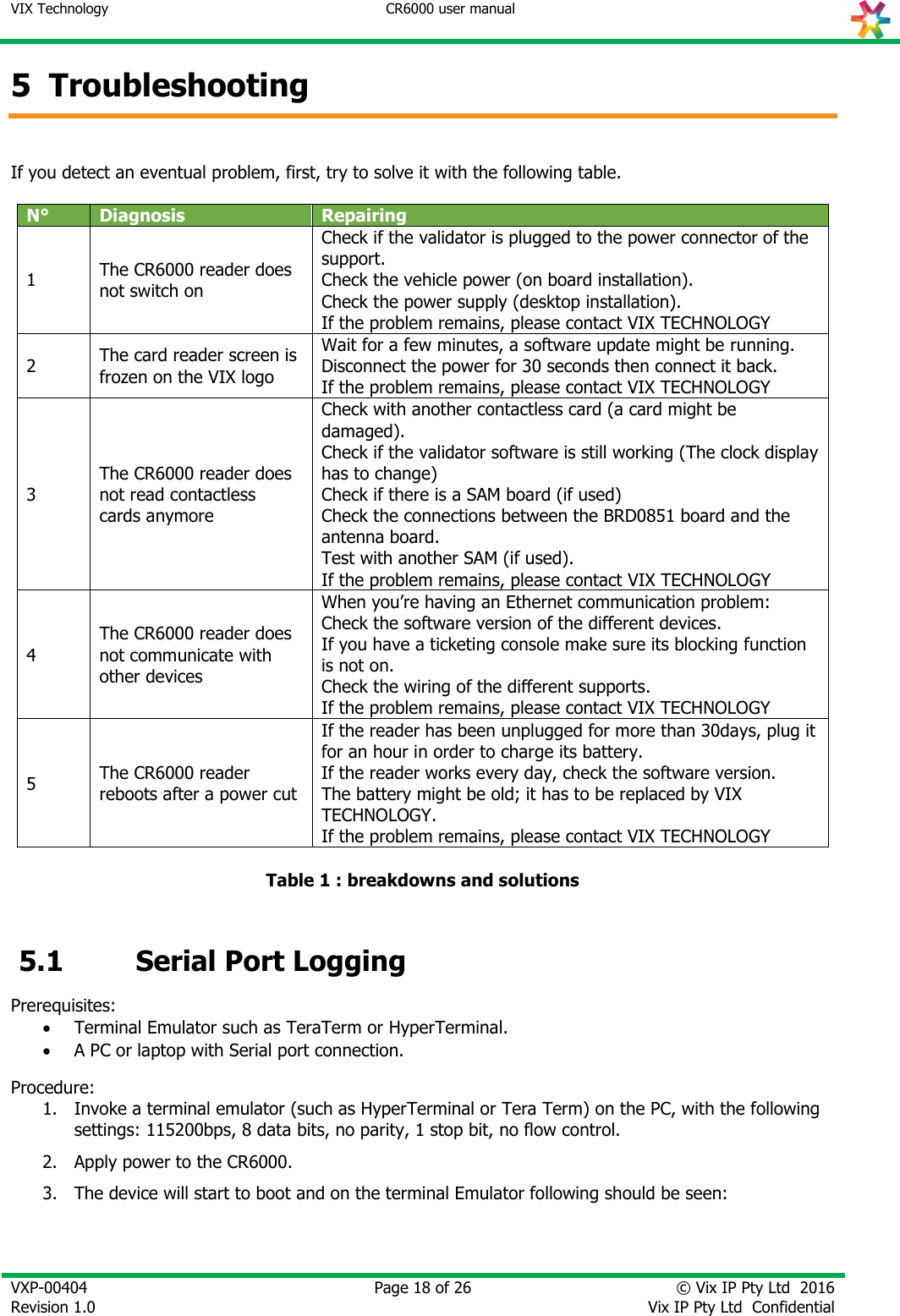 VIX Technology CR6000 user manual   VXP-00404 Revision 1.0    Page 18 of 26 © Vix IP Pty Ltd  2016 Vix IP Pty Ltd  Confidential   5 Troubleshooting  If you detect an eventual problem, first, try to solve it with the following table.  N° Diagnosis Repairing 1 The CR6000 reader does not switch on Check if the validator is plugged to the power connector of the support. Check the vehicle power (on board installation). Check the power supply (desktop installation). If the problem remains, please contact VIX TECHNOLOGY 2 The card reader screen is frozen on the VIX logo Wait for a few minutes, a software update might be running. Disconnect the power for 30 seconds then connect it back.  If the problem remains, please contact VIX TECHNOLOGY 3 The CR6000 reader does not read contactless cards anymore Check with another contactless card (a card might be damaged). Check if the validator software is still working (The clock display has to change) Check if there is a SAM board (if used) Check the connections between the BRD0851 board and the antenna board. Test with another SAM (if used). If the problem remains, please contact VIX TECHNOLOGY 4 The CR6000 reader does not communicate with other devices When you’re having an Ethernet communication problem:  Check the software version of the different devices.  If you have a ticketing console make sure its blocking function is not on.  Check the wiring of the different supports. If the problem remains, please contact VIX TECHNOLOGY 5 The CR6000 reader reboots after a power cut  If the reader has been unplugged for more than 30days, plug it for an hour in order to charge its battery. If the reader works every day, check the software version. The battery might be old; it has to be replaced by VIX TECHNOLOGY. If the problem remains, please contact VIX TECHNOLOGY  Table 1 : breakdowns and solutions   5.1 Serial Port Logging Prerequisites:  Terminal Emulator such as TeraTerm or HyperTerminal.  A PC or laptop with Serial port connection. Procedure: 1. Invoke a terminal emulator (such as HyperTerminal or Tera Term) on the PC, with the following settings: 115200bps, 8 data bits, no parity, 1 stop bit, no flow control.  2. Apply power to the CR6000. 3. The device will start to boot and on the terminal Emulator following should be seen:  