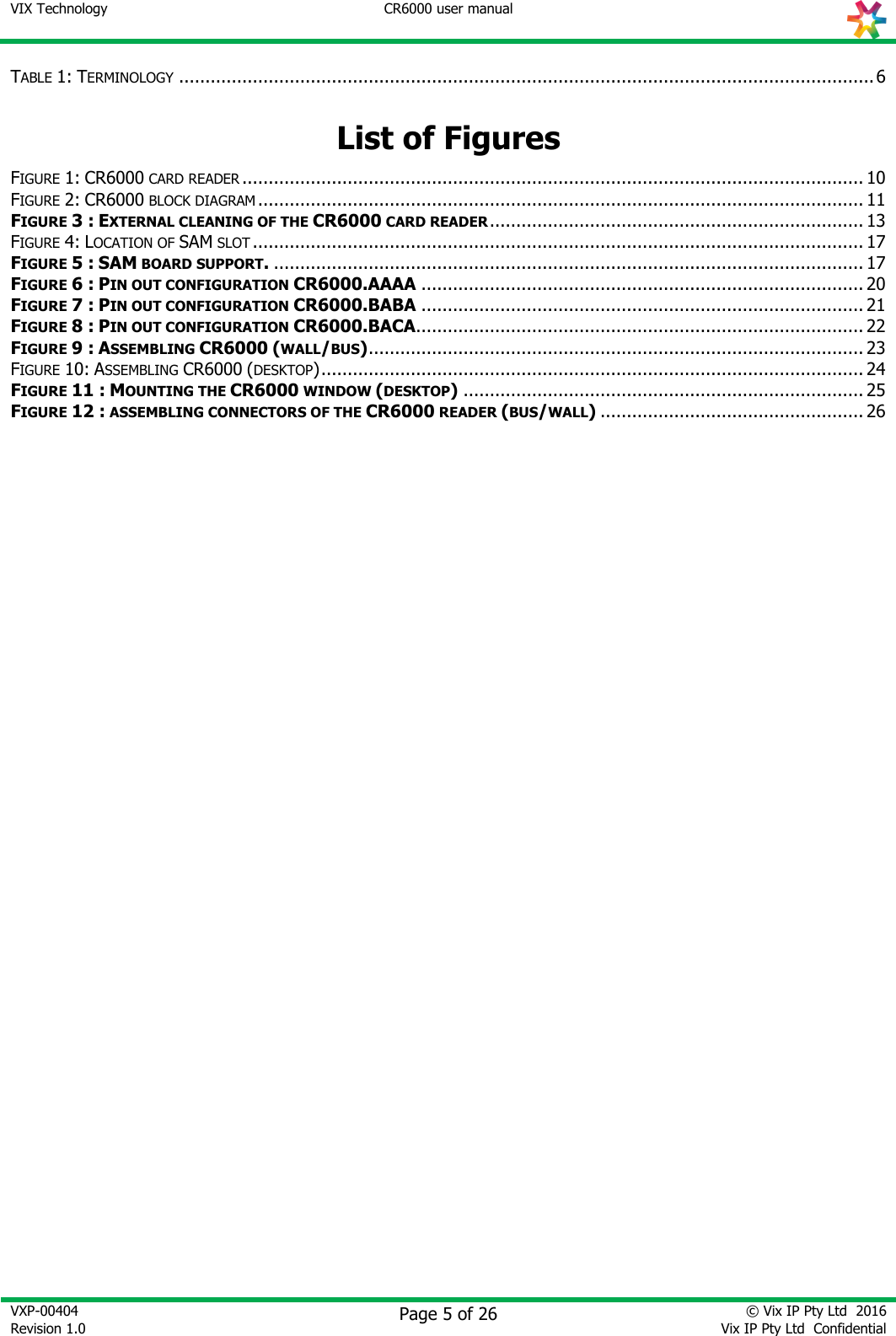 VIX Technology CR6000 user manual   VXP-00404 Revision 1.0    Page 5 of 26 © Vix IP Pty Ltd  2016 Vix IP Pty Ltd  Confidential   TABLE 1: TERMINOLOGY .................................................................................................................................... 6  List of Figures FIGURE 1: CR6000 CARD READER ...................................................................................................................... 10 FIGURE 2: CR6000 BLOCK DIAGRAM ................................................................................................................... 11 FIGURE 3 : EXTERNAL CLEANING OF THE CR6000 CARD READER ....................................................................... 13 FIGURE 4: LOCATION OF SAM SLOT .................................................................................................................... 17 FIGURE 5 : SAM BOARD SUPPORT. ................................................................................................................ 17 FIGURE 6 : PIN OUT CONFIGURATION CR6000.AAAA .................................................................................... 20 FIGURE 7 : PIN OUT CONFIGURATION CR6000.BABA .................................................................................... 21 FIGURE 8 : PIN OUT CONFIGURATION CR6000.BACA..................................................................................... 22 FIGURE 9 : ASSEMBLING CR6000 (WALL/BUS) .............................................................................................. 23 FIGURE 10: ASSEMBLING CR6000 (DESKTOP) ....................................................................................................... 24 FIGURE 11 : MOUNTING THE CR6000 WINDOW (DESKTOP) ............................................................................ 25 FIGURE 12 : ASSEMBLING CONNECTORS OF THE CR6000 READER (BUS/WALL) .................................................. 26               