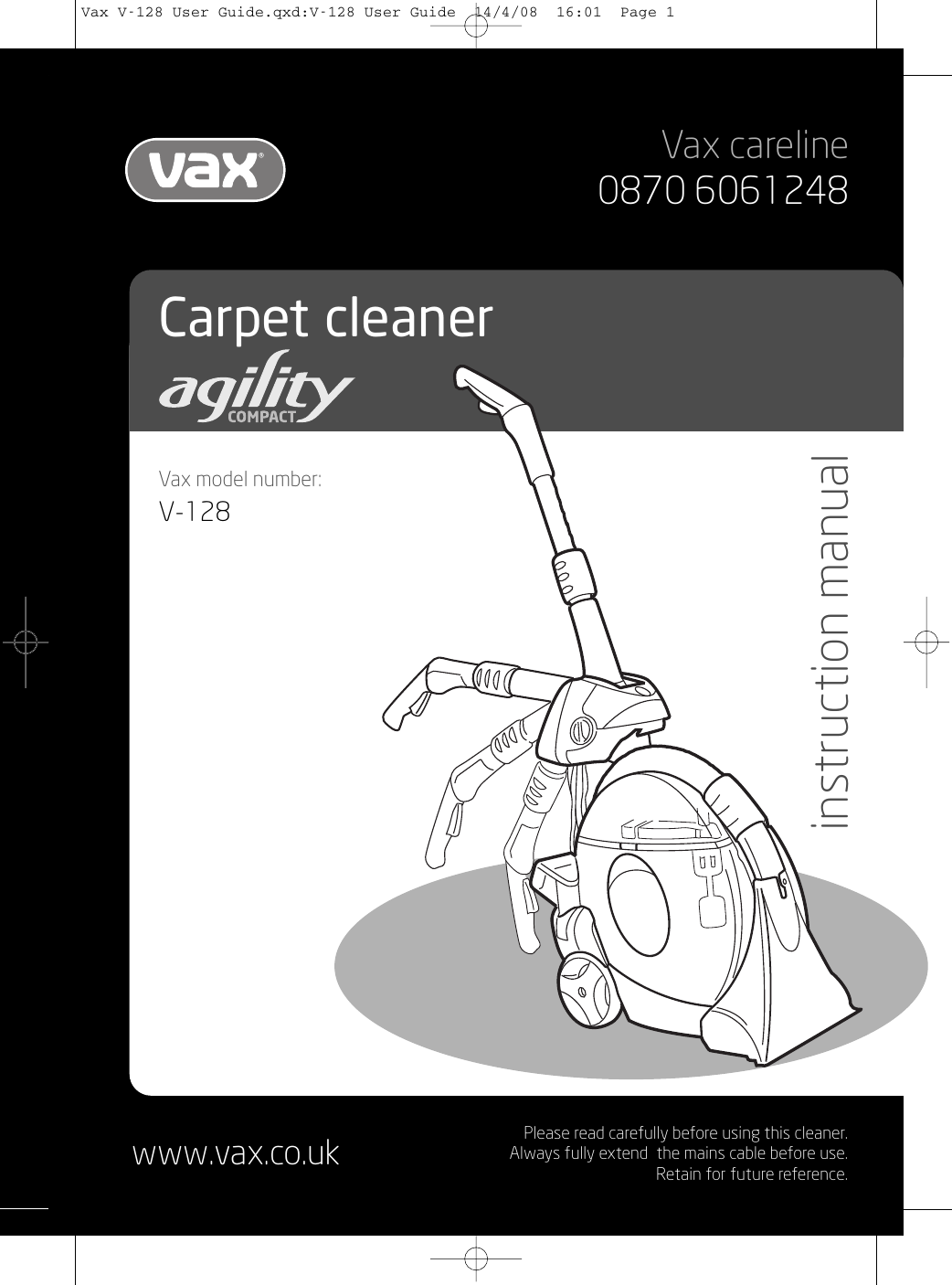 Page 1 of 12 - Vizio Vizio-V-128-Users-Manual- Vax V-128 Agility Carpet Washer  Vizio-v-128-users-manual
