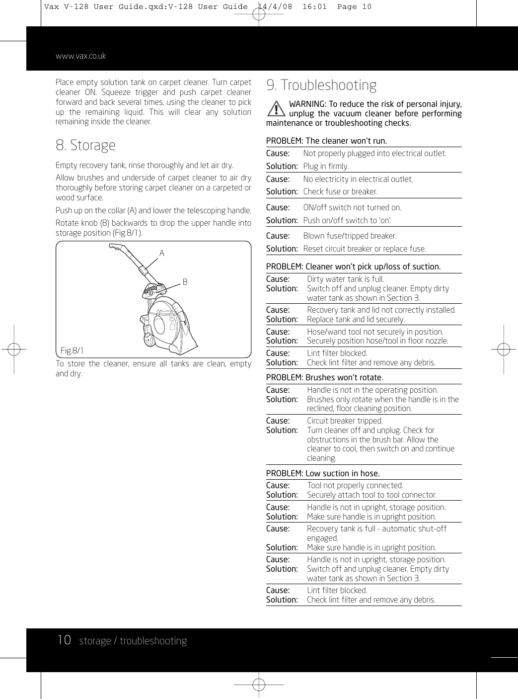 Page 10 of 12 - Vizio Vizio-V-128-Users-Manual- Vax V-128 Agility Carpet Washer  Vizio-v-128-users-manual