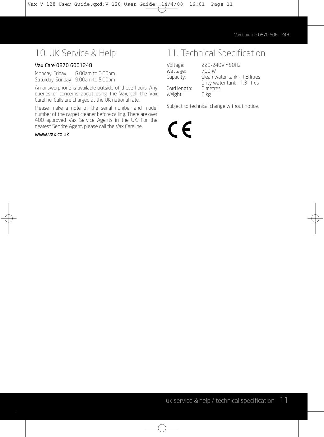 Page 11 of 12 - Vizio Vizio-V-128-Users-Manual- Vax V-128 Agility Carpet Washer  Vizio-v-128-users-manual