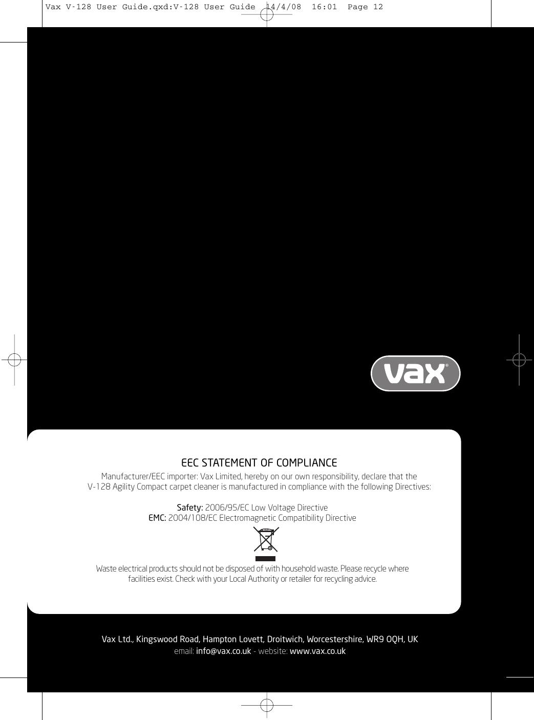 Page 12 of 12 - Vizio Vizio-V-128-Users-Manual- Vax V-128 Agility Carpet Washer  Vizio-v-128-users-manual