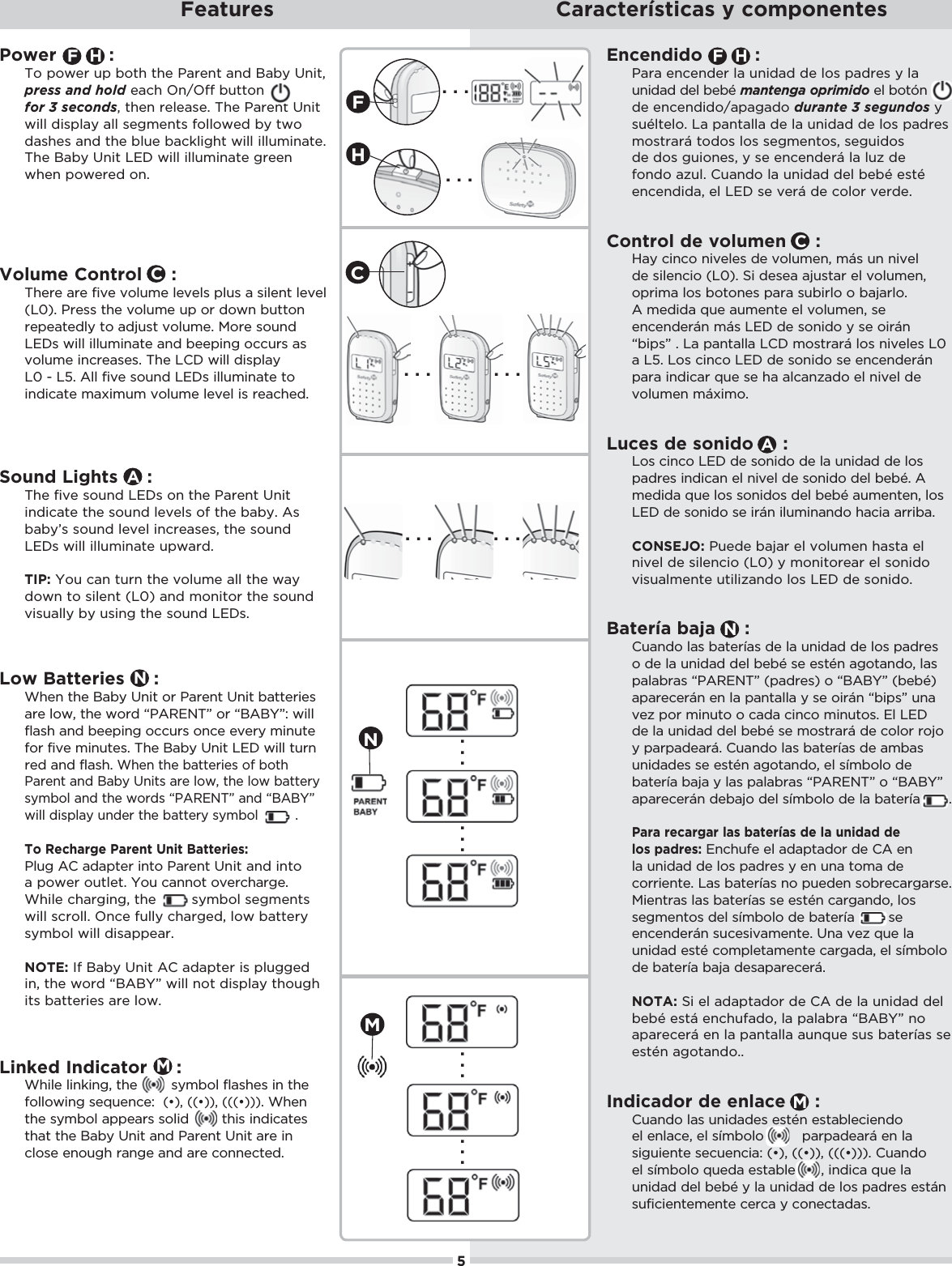 Power         : To power up both the Parent and Baby Unit, press and hold each On/Off button      for 3 seconds, then release. The Parent Unit will display all segments followed by two dashes and the blue backlight will illuminate. The Baby Unit LED will illuminate green when powered on.Volume Control     :There are five volume levels plus a silent level (L0). Press the volume up or down button repeatedly to adjust volume. More sound LEDs will illuminate and beeping occurs as volume increases. The LCD will display L0 - L5. All five sound LEDs illuminate to indicate maximum volume level is reached.Sound Lights     :The five sound LEDs on the Parent Unit indicate the sound levels of the baby. As baby’s sound level increases, the sound LEDs will illuminate upward. TIP: You can turn the volume all the way down to silent (L0) and monitor the sound visually by using the sound LEDs.Low Batteries     :When the Baby Unit or Parent Unit batteries are low, the word “PARENT” or “BABY”: will flash and beeping occurs once every minute for five minutes. The Baby Unit LED will turn red and flash. When the batteries of both Parent and Baby Units are low, the low battery symbol and the words “PARENT” and “BABY” will display under the battery symbol         . To Recharge Parent Unit Batteries:Plug AC adapter into Parent Unit and into a power outlet. You cannot overcharge. While charging, the        symbol segments will scroll. Once fully charged, low battery symbol will disappear.  NOTE: If Baby Unit AC adapter is plugged in, the word “BABY” will not display though its batteries are low.Linked Indicator     : While linking, the        symbol flashes in the &quot;+((+3%*#ŏ/!-1!*!čŏ (đ), ((đ)), (((đ))). When the symbol appears solid ,      this indicates that the Baby Unit and Parent Unit are in close enough range and are connected. MNHFCA5Features Características y componentesF. . . . . . H. . .  . . . . . .  . . .  . . .  . . . MN. . .  . . . CEncendido         : Para encender la unidad de los padres y la unidad del bebé mantenga oprimidoŏ!(ŏ+0¨*ŏde encendido/apagado durante 3 segundos y suéltelo. La pantalla de la unidad de los padres mostrará todos los segmentos, seguidos de dos guiones, y se encenderá la luz de fondo azul. Cuando la unidad del bebé esté encendida, el LED se verá de color verde.Control de volumen     :Hay cinco niveles de volumen, más un nivel de silencio (L0). Si desea ajustar el volumen, oprima los botones para subirlo o bajarlo. ŏ)! % ŏ-1!ŏ1)!*0!ŏ!(ŏ2+(1)!*Čŏ/!ŏencenderán más LED de sonido y se oirán “bips” . La pantalla LCD mostrará los niveles L0 a L5. Los cinco LED de sonido se encenderán ,.ŏ%* %.ŏ-1!ŏ/!ŏ$ŏ(*6 +ŏ!(ŏ*%2!(ŏ !ŏvolumen máximo.Luces de sonido     :Los cinco LED de sonido de la unidad de los padres indican el nivel de sonido del bebé. A )! % ŏ-1!ŏ(+/ŏ/+*% +/ŏ !(ŏ!hŏ1)!*0!*Čŏ(+/ŏLED de sonido se irán iluminando hacia arriba.CONSEJO: Puede bajar el volumen hasta el nivel de silencio (L0) y monitorear el sonido visualmente utilizando los LED de sonido.Batería baja     :Cuando las baterías de la unidad de los padres o de la unidad del bebé se estén agotando, las palabras “PARENT” (padres) o “BABY” (bebé) aparecerán en la pantalla y se oirán “bips” una vez por minuto o cada cinco minutos. El LED de la unidad del bebé se mostrará de color rojo y parpadeará. Cuando las baterías de ambas unidades se estén agotando, el símbolo de batería baja y las palabras “PARENT” o “BABY” aparecerán debajo del símbolo de la batería       . Para recargar las baterías de la unidad de los padres:Enchufe el adaptador de CA en la unidad de los padres y en una toma de corriente. Las baterías no pueden sobrecargarse. Mientras las baterías se estén cargando, los segmentos del símbolo de batería        se !*!* !.8*ŏ/1!/%2)!*0!ċŏ*ŏ2!6ŏ-1!ŏ(ŏunidad esté completamente cargada, el símbolo de batería baja desaparecerá.NOTA: Si el adaptador de CA de la unidad del bebé está enchufado, la palabra “BABY” no ,.!!.8ŏ!*ŏ(ŏ,*0((ŏ1*-1!ŏ/1/ŏ0!./ŏ/!ŏestén agotando..Indicador de enlace     : Cuando las unidades estén estableciendo el enlace, el símbolo         parpadeará en la /%#1%!*0!ŏ/!1!*%čŏĨđĩČŏĨĨđĩĩČŏĨĨĨđĩĩĩċŏ1* +ŏ!(ŏ/)+(+ŏ-1! ŏ!/0(!ŏŏŏŏŏŏČŏ%* %ŏ-1!ŏ(ŏunidad del bebé y la unidad de los padres están suficientemente cerca y conectadas.MNHFCA
