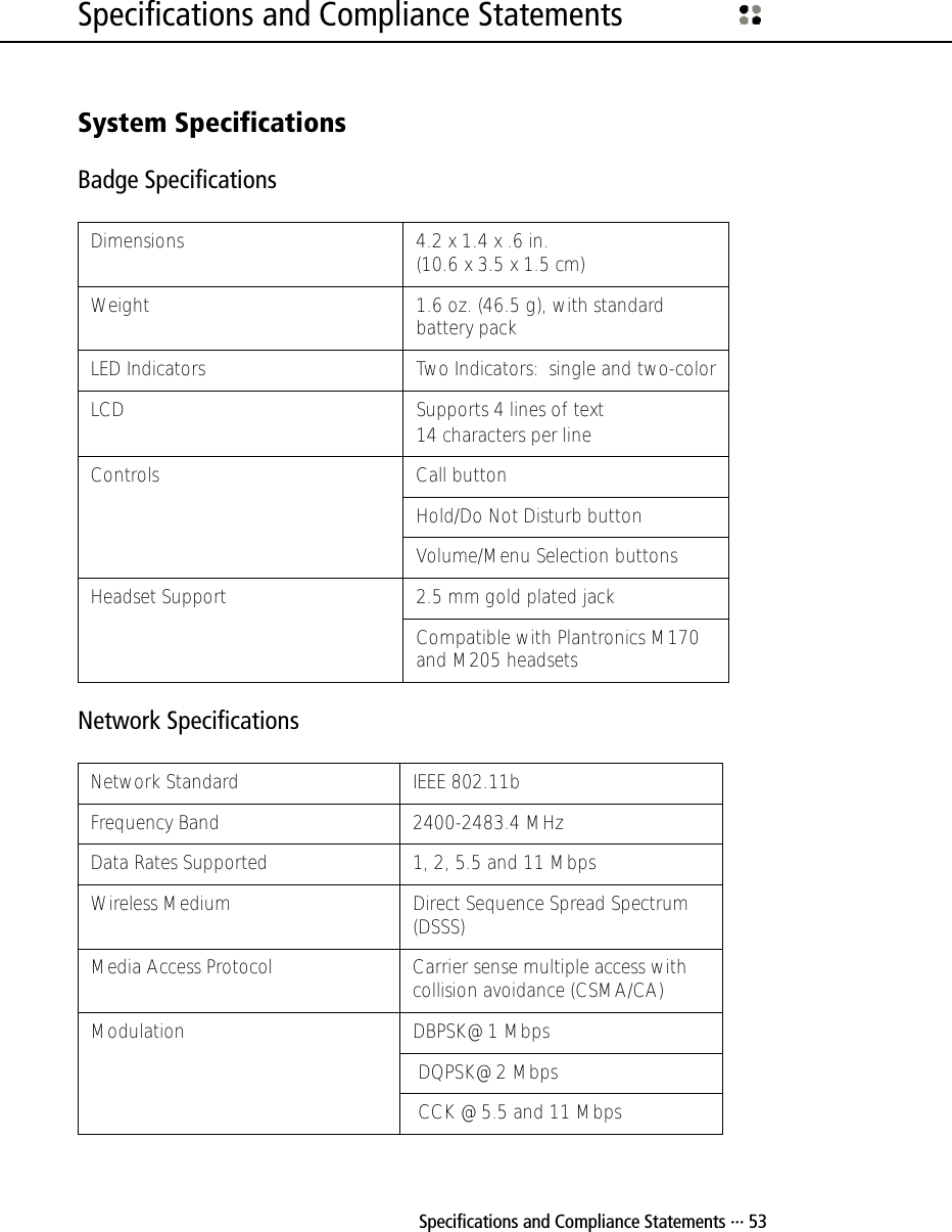  Specifications and Compliance Statements ··· 53Specifications and Compliance StatementsSystem SpecificationsBadge SpecificationsNetwork SpecificationsDimensions  4.2 x 1.4 x .6 in. (10.6 x 3.5 x 1.5 cm)Weight  1.6 oz. (46.5 g), with standard battery packLED Indicators  Two Indicators:  single and two-colorLCD Supports 4 lines of text14 characters per lineControls Call buttonHold/Do Not Disturb buttonVolume/Menu Selection buttonsHeadset Support 2.5 mm gold plated jackCompatible with Plantronics M170 and M205 headsetsNetwork Standard  IEEE 802.11bFrequency Band  2400-2483.4 MHzData Rates Supported  1, 2, 5.5 and 11 MbpsWireless Medium  Direct Sequence Spread Spectrum (DSSS)Media Access Protocol  Carrier sense multiple access with collision avoidance (CSMA/CA)Modulation  DBPSK@ 1 Mbps DQPSK@ 2 Mbps CCK @ 5.5 and 11 Mbps