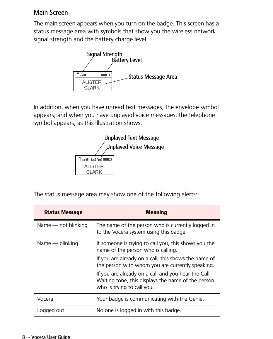 8 ··· Vocera User GuideMain ScreenThe main screen appears when you turn on the badge. This screen has a status message area with symbols that show you the wireless network signal strength and the battery charge level. In addition, when you have unread text messages, the envelope symbol appears, and when you have unplayed voice messages, the telephone symbol appears, as this illustration shows:The status message area may show one of the following alerts:Status Message MeaningName — not blinking The name of the person who is currently logged in to the Vocera system using this badge.Name — blinking If someone is trying to call you, this shows you the name of the person who is calling. If you are already on a call, this shows the name of the person with whom you are currently speaking.If you are already on a call and you hear the Call Waiting tone, this displays the name of the person who is trying to call you.Vocera Your badge is communicating with the Genie.Logged out No one is logged in with this badge.Signal StrengthBattery LevelStatus Message AreaUnplayed Voice MessageUnplayed Text Message