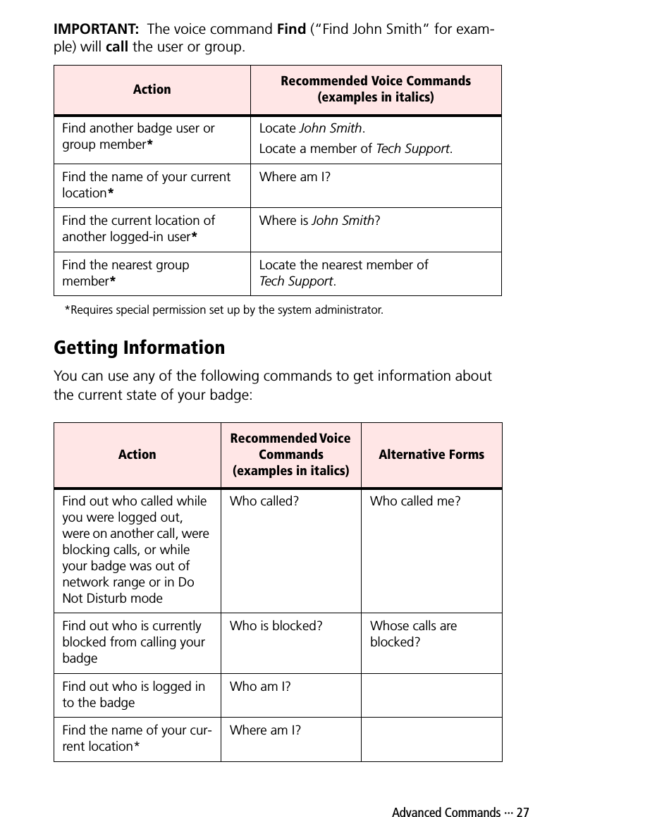  Advanced Commands ··· 27IMPORTANT:  The voice command Find (“Find John Smith” for exam-ple) will call the user or group.*Requires special permission set up by the system administrator.Getting InformationYou can use any of the following commands to get information about the current state of your badge:Action Recommended Voice Commands (examples in italics)Find another badge user or group member*Locate John Smith.Locate a member of Tech Support.Find the name of your current location*Where am I?Find the current location of another logged-in user*Where is John Smith?Find the nearest group member*Locate the nearest member of Tech Support.ActionRecommended Voice Commands (examples in italics)Alternative FormsFind out who called while you were logged out, were on another call, were blocking calls, or while your badge was out of network range or in Do Not Disturb modeWho called? Who called me?Find out who is currently blocked from calling your badgeWho is blocked? Whose calls are blocked?Find out who is logged in to the badge Who am I?Find the name of your cur-rent location*Where am I?
