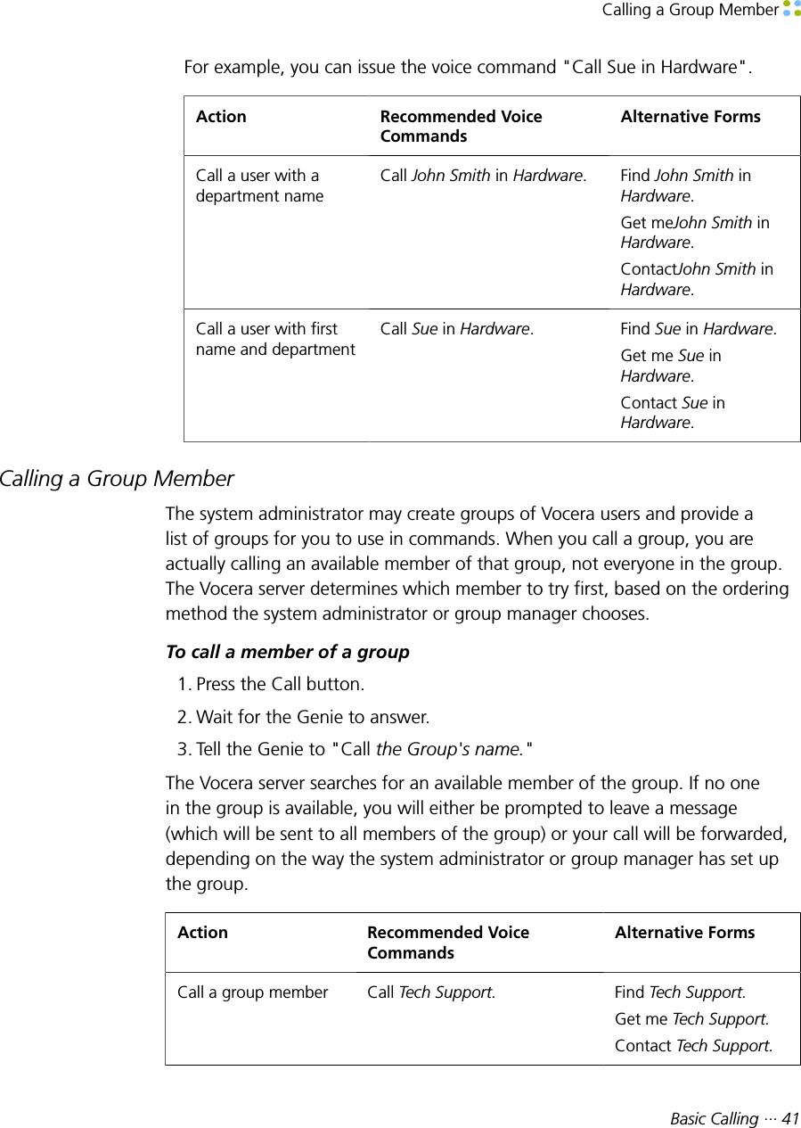 Calling a Group Member Basic Calling ··· 41For example, you can issue the voice command &quot;Call Sue in Hardware&quot;.Action Recommended VoiceCommandsAlternative FormsCall a user with adepartment nameCall John Smith in Hardware. Find John Smith inHardware.Get meJohn Smith inHardware.ContactJohn Smith inHardware.Call a user with firstname and departmentCall Sue in Hardware. Find Sue in Hardware.Get me Sue inHardware.Contact Sue inHardware.Calling a Group MemberThe system administrator may create groups of Vocera users and provide alist of groups for you to use in commands. When you call a group, you areactually calling an available member of that group, not everyone in the group.The Vocera server determines which member to try first, based on the orderingmethod the system administrator or group manager chooses.To call a member of a group1. Press the Call button.2. Wait for the Genie to answer.3. Tell the Genie to &quot;Call the Group&apos;s name.&quot;The Vocera server searches for an available member of the group. If no onein the group is available, you will either be prompted to leave a message(which will be sent to all members of the group) or your call will be forwarded,depending on the way the system administrator or group manager has set upthe group.Action Recommended VoiceCommandsAlternative FormsCall a group member Call Tech Support. Find Tech Support.Get me Tech Support.Contact Tech Support.