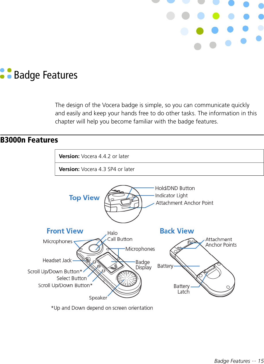 Badge Features ··· 15 Badge FeaturesThe design of the Vocera badge is simple, so you can communicate quicklyand easily and keep your hands free to do other tasks. The information in thischapter will help you become familiar with the badge features.B3000n FeaturesVersion: Vocera 4.4.2 or laterVersion: Vocera 4.3 SP4 or later