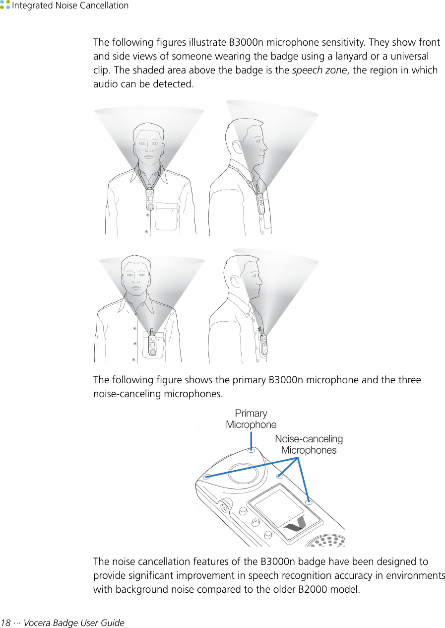  Integrated Noise Cancellation18 ··· Vocera Badge User GuideThe following figures illustrate B3000n microphone sensitivity. They show frontand side views of someone wearing the badge using a lanyard or a universalclip. The shaded area above the badge is the speech zone, the region in whichaudio can be detected.  The following figure shows the primary B3000n microphone and the threenoise-canceling microphones.The noise cancellation features of the B3000n badge have been designed toprovide significant improvement in speech recognition accuracy in environmentswith background noise compared to the older B2000 model.