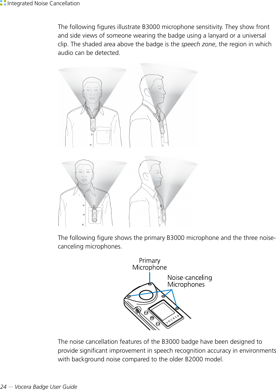  Integrated Noise Cancellation24 ··· Vocera Badge User GuideThe following figures illustrate B3000 microphone sensitivity. They show frontand side views of someone wearing the badge using a lanyard or a universalclip. The shaded area above the badge is the speech zone, the region in whichaudio can be detected.  The following figure shows the primary B3000 microphone and the three noise-canceling microphones.The noise cancellation features of the B3000 badge have been designed toprovide significant improvement in speech recognition accuracy in environmentswith background noise compared to the older B2000 model.