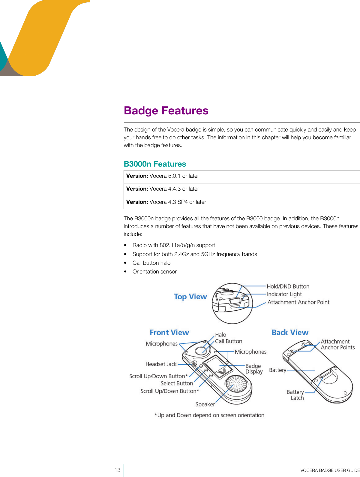 13  VOCERA BADGE USERGUIDEBadge FeaturesThe design of the Vocera badge is simple, so you can communicate quickly and easily and keepyour hands free to do other tasks. The information in this chapter will help you become familiarwith the badge features.B3000n FeaturesVersion: Vocera 5.0.1 or laterVersion: Vocera 4.4.3 or laterVersion: Vocera 4.3 SP4 or laterThe B3000n badge provides all the features of the B3000 badge. In addition, the B3000nintroduces a number of features that have not been available on previous devices. These featuresinclude:• Radio with 802.11a/b/g/n support• Support for both 2.4Gz and 5GHz frequency bands• Call button halo• Orientation sensor
