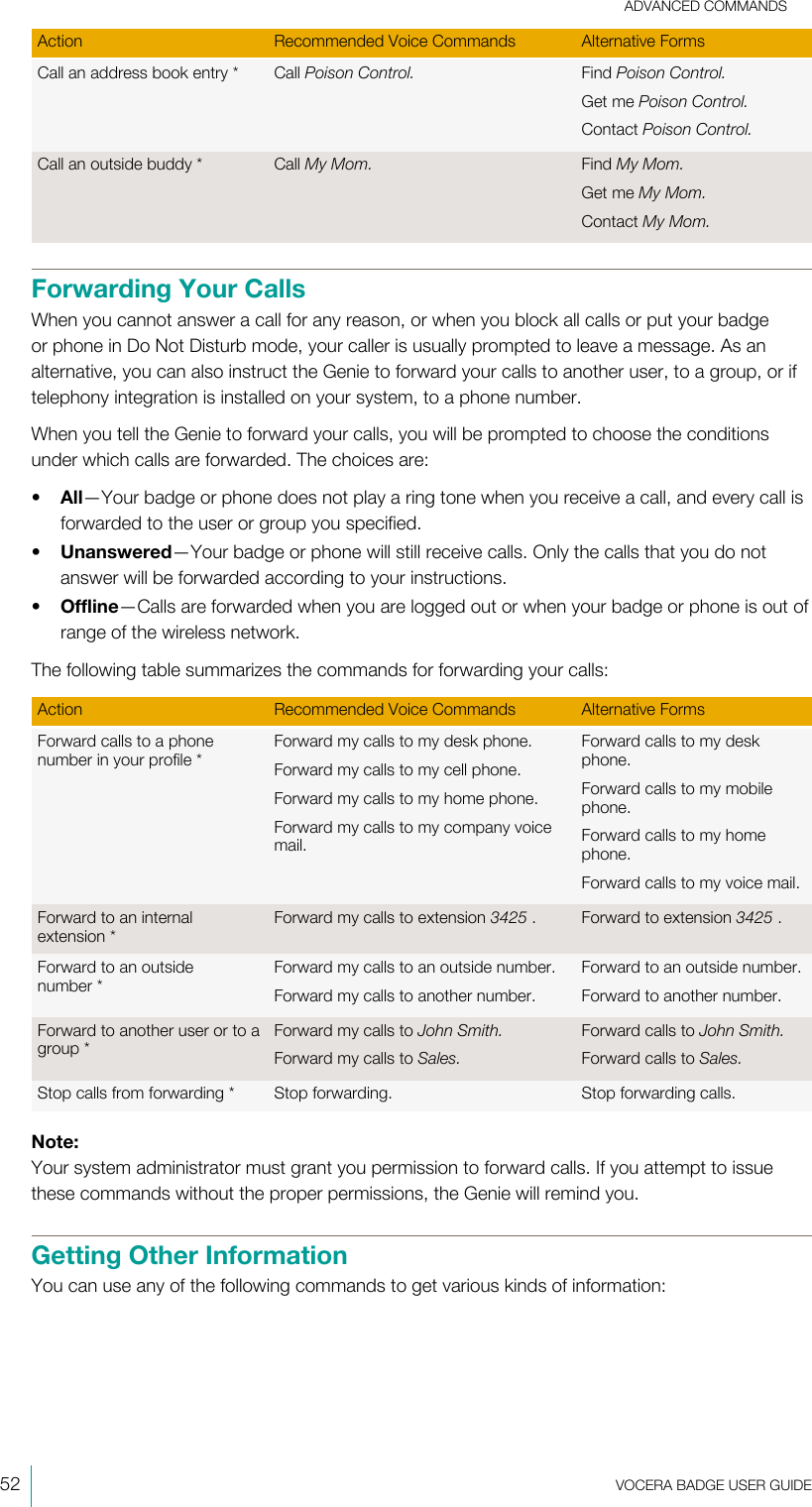 ADVANCED COMMANDS52  VOCERA BADGE USERGUIDEAction Recommended Voice Commands Alternative FormsCall an address book entry* Call Poison Control. Find Poison Control.Get me Poison Control.Contact Poison Control.Call an outside buddy* Call My Mom. Find My Mom.Get me My Mom.Contact My Mom.Forwarding Your CallsWhen you cannot answer a call for any reason, or when you block all calls or put your badgeor phone in Do Not Disturb mode, your caller is usually prompted to leave a message. As analternative, you can also instruct the Genie to forward your calls to another user, to a group, or iftelephony integration is installed on your system, to a phone number.When you tell the Genie to forward your calls, you will be prompted to choose the conditionsunder which calls are forwarded. The choices are:•All—Your badge or phone does not play a ring tone when you receive a call, and every call isforwarded to the user or group you specified.•Unanswered—Your badge or phone will still receive calls. Only the calls that you do notanswer will be forwarded according to your instructions.•Offline—Calls are forwarded when you are logged out or when your badge or phone is out ofrange of the wireless network.The following table summarizes the commands for forwarding your calls:Action Recommended Voice Commands Alternative FormsForward calls to a phonenumber in your profile*Forward my calls to my desk phone.Forward my calls to my cell phone.Forward my calls to my home phone.Forward my calls to my company voicemail.Forward calls to my deskphone.Forward calls to my mobilephone.Forward calls to my homephone.Forward calls to my voice mail.Forward to an internalextension*Forward my calls to extension 3425 . Forward to extension 3425 .Forward to an outsidenumber*Forward my calls to an outside number.Forward my calls to another number.Forward to an outside number.Forward to another number.Forward to another user or to agroup*Forward my calls to John Smith.Forward my calls to Sales.Forward calls to John Smith.Forward calls to Sales.Stop calls from forwarding* Stop forwarding. Stop forwarding calls.Note:Your system administrator must grant you permission to forward calls. If you attempt to issuethese commands without the proper permissions, the Genie will remind you.Getting Other InformationYou can use any of the following commands to get various kinds of information: