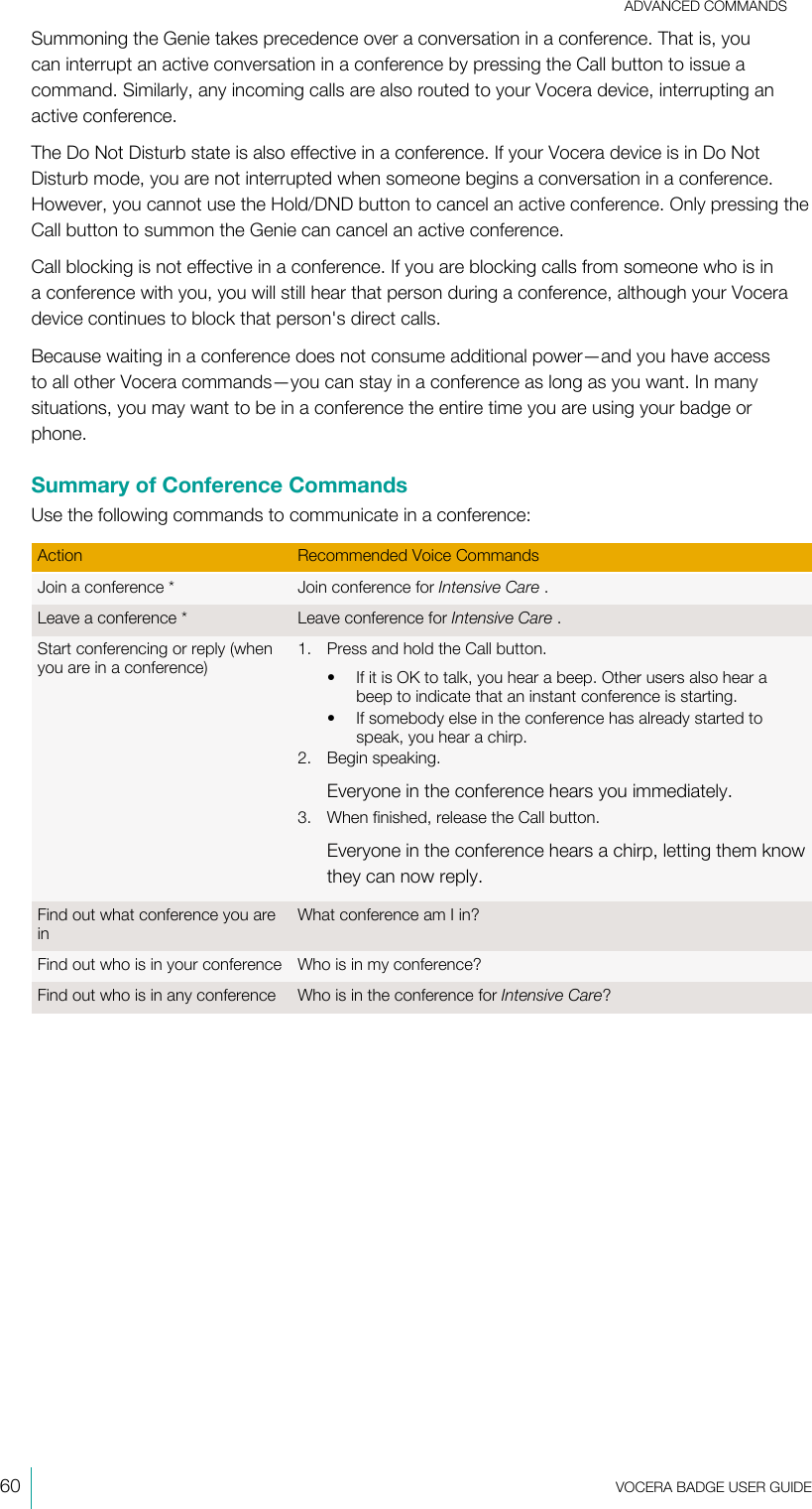 ADVANCED COMMANDS60  VOCERA BADGE USERGUIDESummoning the Genie takes precedence over a conversation in a conference. That is, youcan interrupt an active conversation in a conference by pressing the Call button to issue acommand. Similarly, any incoming calls are also routed to your Vocera device, interrupting anactive conference.The Do Not Disturb state is also effective in a conference. If your Vocera device is in Do NotDisturb mode, you are not interrupted when someone begins a conversation in a conference.However, you cannot use the Hold/DND button to cancel an active conference. Only pressing theCall button to summon the Genie can cancel an active conference.Call blocking is not effective in a conference. If you are blocking calls from someone who is ina conference with you, you will still hear that person during a conference, although your Voceradevice continues to block that person&apos;s direct calls.Because waiting in a conference does not consume additional power—and you have accessto all other Vocera commands—you can stay in a conference as long as you want. In manysituations, you may want to be in a conference the entire time you are using your badge orphone.Summary of Conference CommandsUse the following commands to communicate in a conference:Action Recommended Voice CommandsJoin a conference* Join conference for Intensive Care .Leave a conference* Leave conference for Intensive Care .Start conferencing or reply (whenyou are in a conference)1. Press and hold the Call button.• If it is OK to talk, you hear a beep. Other users also hear abeep to indicate that an instant conference is starting.• If somebody else in the conference has already started tospeak, you hear a chirp.2. Begin speaking.Everyone in the conference hears you immediately.3. When finished, release the Call button.Everyone in the conference hears a chirp, letting them knowthey can now reply.Find out what conference you areinWhat conference am I in?Find out who is in your conference Who is in my conference?Find out who is in any conference Who is in the conference for Intensive Care?