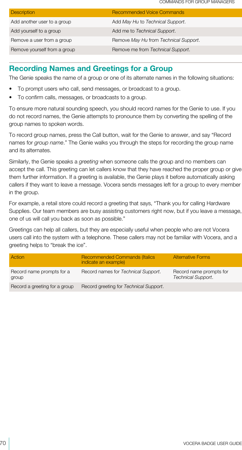 COMMANDS FOR GROUP MANAGERS70  VOCERA BADGE USERGUIDEDescription Recommended Voice CommandsAdd another user to a group Add May Hu to Technical Support.Add yourself to a group Add me to Technical Support.Remove a user from a group Remove May Hu from Technical Support.Remove yourself from a group Remove me from Technical Support.Recording Names and Greetings for a GroupThe Genie speaks the name of a group or one of its alternate names in the following situations:• To prompt users who call, send messages, or broadcast to a group.• To confirm calls, messages, or broadcasts to a group.To ensure more natural sounding speech, you should record names for the Genie to use. If youdo not record names, the Genie attempts to pronounce them by converting the spelling of thegroup names to spoken words.To record group names, press the Call button, wait for the Genie to answer, and say “Recordnames for group name.” The Genie walks you through the steps for recording the group nameand its alternates.Similarly, the Genie speaks a greeting when someone calls the group and no members canaccept the call. This greeting can let callers know that they have reached the proper group or givethem further information. If a greeting is available, the Genie plays it before automatically askingcallers if they want to leave a message. Vocera sends messages left for a group to every memberin the group.For example, a retail store could record a greeting that says, “Thank you for calling HardwareSupplies. Our team members are busy assisting customers right now, but if you leave a message,one of us will call you back as soon as possible.”Greetings can help all callers, but they are especially useful when people who are not Vocerausers call into the system with a telephone. These callers may not be familiar with Vocera, and agreeting helps to “break the ice”.Action Recommended Commands (Italicsindicate an example) Alternative FormsRecord name prompts for agroupRecord names for Technical Support. Record name prompts forTechnical Support.Record a greeting for a group Record greeting for Technical Support.
