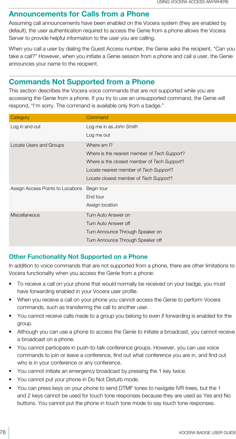 USING VOCERA ACCESS ANYWHERE76  VOCERA BADGE USERGUIDEAnnouncements for Calls from a PhoneAssuming call announcements have been enabled on the Vocera system (they are enabled bydefault), the user authentication required to access the Genie from a phone allows the VoceraServer to provide helpful information to the user you are calling.When you call a user by dialing the Guest Access number, the Genie asks the recipient, “Can youtake a call?” However, when you initiate a Genie session from a phone and call a user, the Genieannounces your name to the recipient.Commands Not Supported from a PhoneThis section describes the Vocera voice commands that are not supported while you areaccessing the Genie from a phone. If you try to use an unsupported command, the Genie willrespond, “I&apos;m sorry. The command is available only from a badge.”Category CommandLog in and out Log me in as John SmithLog me outLocate Users and Groups Where am I?Where is the nearest member of Tech Support?Where is the closest member of Tech Support?Locate nearest member of Tech Support?Locate closest member of Tech Support?Assign Access Points to Locations Begin tourEnd tourAssign locationMiscellaneous Turn Auto Answer onTurn Auto Answer offTurn Announce Through Speaker onTurn Announce Through Speaker offOther Functionality Not Supported on a PhoneIn addition to voice commands that are not supported from a phone, there are other limitations toVocera functionality when you access the Genie from a phone:• To receive a call on your phone that would normally be received on your badge, you musthave forwarding enabled in your Vocera user profile.• When you receive a call on your phone you cannot access the Genie to perform Voceracommands, such as transferring the call to another user.• You cannot receive calls made to a group you belong to even if forwarding is enabled for thegroup.• Although you can use a phone to access the Genie to initiate a broadcast, you cannot receivea broadcast on a phone.• You cannot participate in push-to-talk conference groups. However, you can use voicecommands to join or leave a conference, find out what conference you are in, and find outwho is in your conference or any conference.• You cannot initiate an emergency broadcast by pressing the 1 key twice.• You cannot put your phone in Do Not Disturb mode.• You can press keys on your phone to send DTMF tones to navigate IVR trees, but the 1and 2 keys cannot be used for touch tone responses because they are used as Yes and Nobuttons. You cannot put the phone in touch tone mode to say touch tone responses.