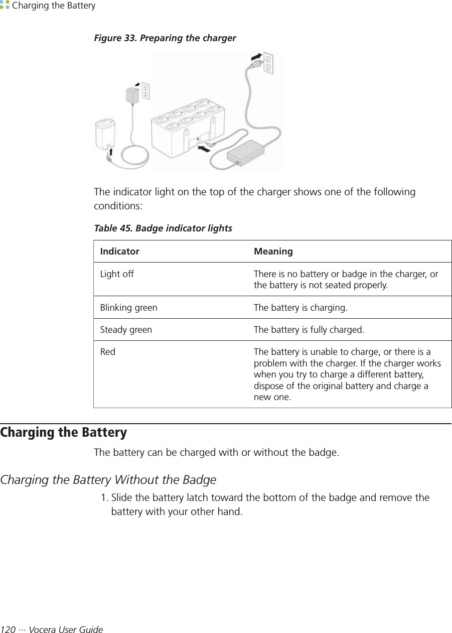  Charging the Battery120 ··· Vocera User GuideFigure 33. Preparing the chargerThe indicator light on the top of the charger shows one of the followingconditions:Table 45. Badge indicator lightsIndicator MeaningLight off There is no battery or badge in the charger, orthe battery is not seated properly.Blinking green The battery is charging.Steady green The battery is fully charged.Red The battery is unable to charge, or there is aproblem with the charger. If the charger workswhen you try to charge a different battery,dispose of the original battery and charge anew one.Charging the BatteryThe battery can be charged with or without the badge.Charging the Battery Without the Badge1. Slide the battery latch toward the bottom of the badge and remove thebattery with your other hand.