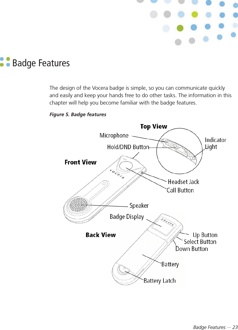 Badge Features ··· 23 Badge FeaturesThe design of the Vocera badge is simple, so you can communicate quicklyand easily and keep your hands free to do other tasks. The information in thischapter will help you become familiar with the badge features.Figure 5. Badge features