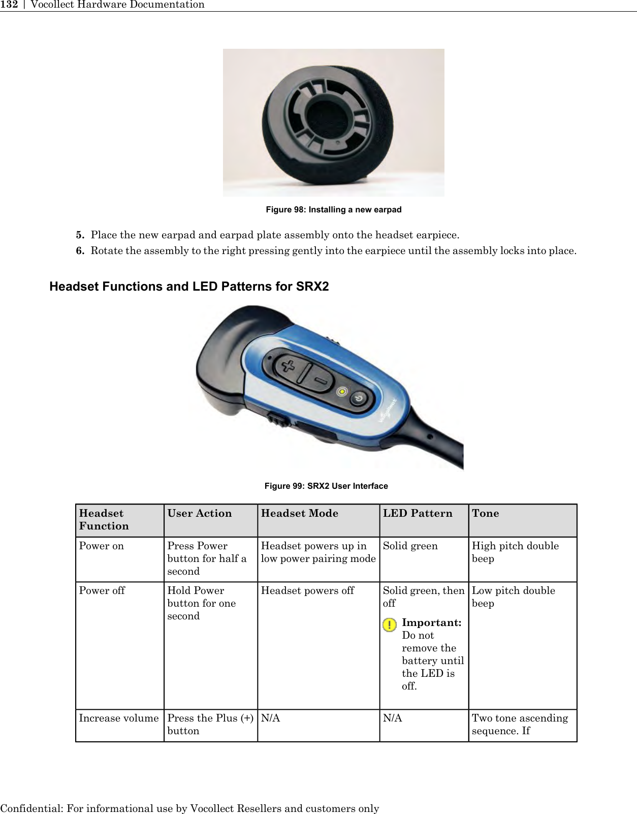 Figure 98: Installing a new earpad5. Place the new earpad and earpad plate assembly onto the headset earpiece.6. Rotate the assembly to the right pressing gently into the earpiece until the assembly locks into place.Headset Functions and LED Patterns for SRX2Figure 99: SRX2 User InterfaceToneLED PatternHeadset ModeUser ActionHeadsetFunctionHigh pitch doublebeepSolid greenHeadset powers up inlow power pairing modePress Powerbutton for half asecondPower onLow pitch doublebeepSolid green, thenoffHeadset powers offHold Powerbutton for onesecondPower offImportant:Do notremove thebattery untilthe LED isoff.Two tone ascendingsequence. IfN/AN/APress the Plus (+)buttonIncrease volumeConfidential: For informational use by Vocollect Resellers and customers only132 | Vocollect Hardware Documentation