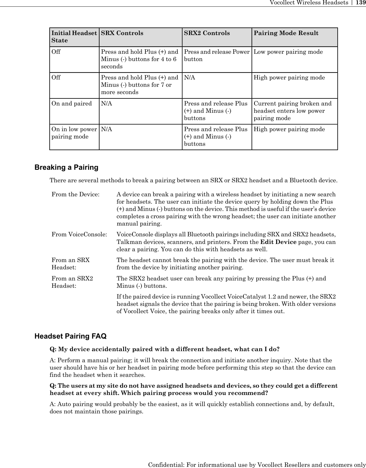 Pairing Mode ResultSRX2 ControlsSRX ControlsInitial HeadsetStateLow power pairing modePress and release PowerbuttonPress and hold Plus (+) andMinus (-) buttons for 4 to 6secondsOffHigh power pairing modeN/APress and hold Plus (+) andMinus (-) buttons for 7 ormore secondsOffCurrent pairing broken andheadset enters low powerpairing modePress and release Plus(+) and Minus (-)buttonsN/AOn and pairedHigh power pairing modePress and release Plus(+) and Minus (-)buttonsN/AOn in low powerpairing modeBreaking a PairingThere are several methods to break a pairing between an SRX or SRX2 headset and a Bluetooth device.A device can break a pairing with a wireless headset by initiating a new searchfor headsets. The user can initiate the device query by holding down the PlusFrom the Device:(+) and Minus (-) buttons on the device. This method is useful if the user’s devicecompletes a cross pairing with the wrong headset; the user can initiate anothermanual pairing.VoiceConsole displays all Bluetooth pairings including SRX and SRX2 headsets,Talkman devices, scanners, and printers. From the Edit Device page, you canclear a pairing. You can do this with headsets as well.From VoiceConsole:The headset cannot break the pairing with the device. The user must break itfrom the device by initiating another pairing.From an SRXHeadset:The SRX2 headset user can break any pairing by pressing the Plus (+) andMinus (-) buttons.If the paired device is running Vocollect VoiceCatalyst 1.2 and newer, the SRX2headset signals the device that the pairing is being broken. With older versionsof Vocollect Voice, the pairing breaks only after it times out.From an SRX2Headset:Headset Pairing FAQQ: My device accidentally paired with a different headset, what can I do?A: Perform a manual pairing; it will break the connection and initiate another inquiry. Note that theuser should have his or her headset in pairing mode before performing this step so that the device canfind the headset when it searches.Q: The users at my site do not have assigned headsets and devices, so they could get a differentheadset at every shift. Which pairing process would you recommend?A: Auto pairing would probably be the easiest, as it will quickly establish connections and, by default,does not maintain those pairings.Confidential: For informational use by Vocollect Resellers and customers onlyVocollect Wireless Headsets | 139