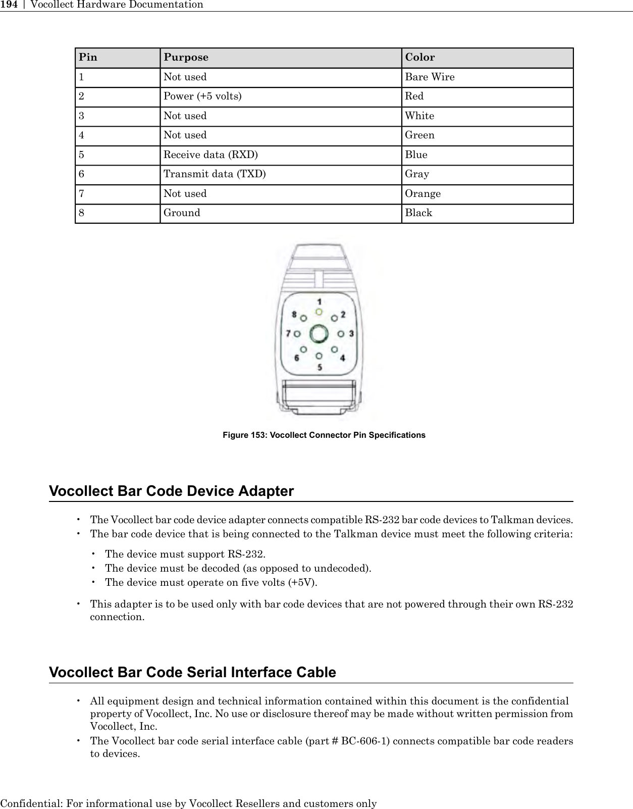 ColorPurposePinBare WireNot used1RedPower (+5 volts)2WhiteNot used3GreenNot used4BlueReceive data (RXD)5GrayTransmit data (TXD)6OrangeNot used7BlackGround8Figure 153: Vocollect Connector Pin SpecificationsVocollect Bar Code Device Adapter•The Vocollect bar code device adapter connects compatible RS-232 bar code devices to Talkman devices.• The bar code device that is being connected to the Talkman device must meet the following criteria:• The device must support RS-232.• The device must be decoded (as opposed to undecoded).• The device must operate on five volts (+5V).• This adapter is to be used only with bar code devices that are not powered through their own RS-232connection.Vocollect Bar Code Serial Interface Cable• All equipment design and technical information contained within this document is the confidentialproperty of Vocollect, Inc. No use or disclosure thereof may be made without written permission fromVocollect, Inc.• The Vocollect bar code serial interface cable (part # BC-606-1) connects compatible bar code readersto devices.Confidential: For informational use by Vocollect Resellers and customers only194 | Vocollect Hardware Documentation