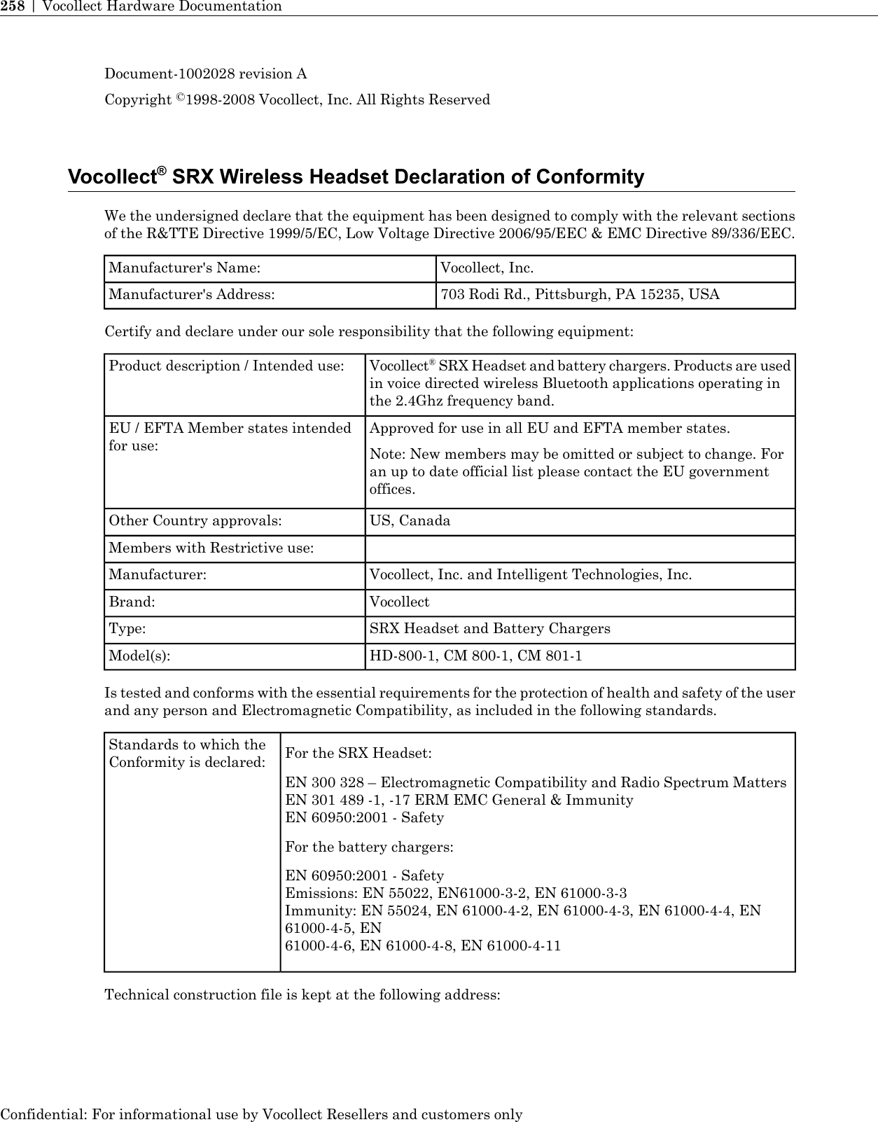 Document-1002028 revision ACopyright ©1998-2008 Vocollect, Inc. All Rights ReservedVocollect®SRX Wireless Headset Declaration of ConformityWe the undersigned declare that the equipment has been designed to comply with the relevant sectionsof the R&amp;TTE Directive 1999/5/EC, Low Voltage Directive 2006/95/EEC &amp; EMC Directive 89/336/EEC.Vocollect, Inc.Manufacturer&apos;s Name:703 Rodi Rd., Pittsburgh, PA 15235, USAManufacturer&apos;s Address:Certify and declare under our sole responsibility that the following equipment:Vocollect®SRX Headset and battery chargers. Products are usedin voice directed wireless Bluetooth applications operating inthe 2.4Ghz frequency band.Product description / Intended use:Approved for use in all EU and EFTA member states.Note: New members may be omitted or subject to change. Foran up to date official list please contact the EU governmentoffices.EU / EFTA Member states intendedfor use:US, CanadaOther Country approvals:Members with Restrictive use:Vocollect, Inc. and Intelligent Technologies, Inc.Manufacturer:VocollectBrand:SRX Headset and Battery ChargersType:HD-800-1, CM 800-1, CM 801-1Model(s):Is tested and conforms with the essential requirements for the protection of health and safety of the userand any person and Electromagnetic Compatibility, as included in the following standards.For the SRX Headset:Standards to which theConformity is declared:EN 300 328 – Electromagnetic Compatibility and Radio Spectrum MattersEN 301 489 -1, -17 ERM EMC General &amp; ImmunityEN 60950:2001 - SafetyFor the battery chargers:EN 60950:2001 - SafetyEmissions: EN 55022, EN61000-3-2, EN 61000-3-3Immunity: EN 55024, EN 61000-4-2, EN 61000-4-3, EN 61000-4-4, EN61000-4-5, EN61000-4-6, EN 61000-4-8, EN 61000-4-11Technical construction file is kept at the following address:Confidential: For informational use by Vocollect Resellers and customers only258 | Vocollect Hardware Documentation