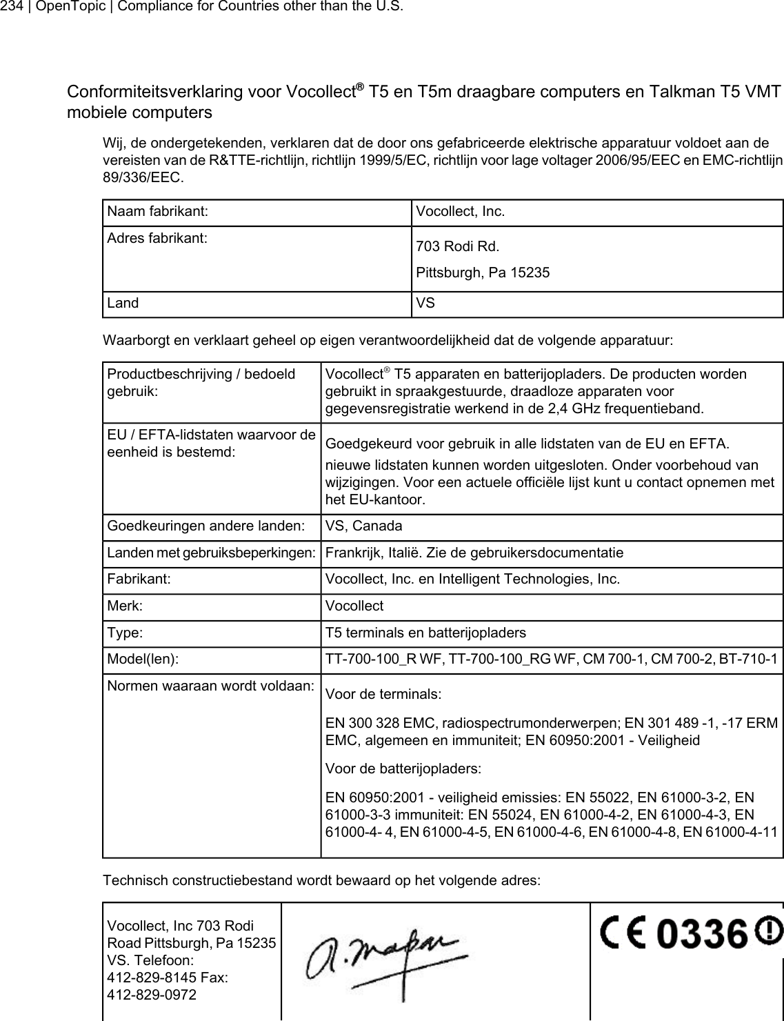 Conformiteitsverklaring voor Vocollect®T5 en T5m draagbare computers en Talkman T5 VMTmobiele computersWij, de ondergetekenden, verklaren dat de door ons gefabriceerde elektrische apparatuur voldoet aan devereisten van de R&amp;TTE-richtlijn, richtlijn 1999/5/EC, richtlijn voor lage voltager 2006/95/EEC en EMC-richtlijn89/336/EEC.Vocollect, Inc.Naam fabrikant:703 Rodi Rd.Adres fabrikant:Pittsburgh, Pa 15235VSLandWaarborgt en verklaart geheel op eigen verantwoordelijkheid dat de volgende apparatuur:Vocollect®T5 apparaten en batterijopladers. De producten wordengebruikt in spraakgestuurde, draadloze apparaten voorgegevensregistratie werkend in de 2,4 GHz frequentieband.Productbeschrijving / bedoeldgebruik:Goedgekeurd voor gebruik in alle lidstaten van de EU en EFTA.EU / EFTA-lidstaten waarvoor deeenheid is bestemd: nieuwe lidstaten kunnen worden uitgesloten. Onder voorbehoud vanwijzigingen. Voor een actuele officiële lijst kunt u contact opnemen methet EU-kantoor.VS, CanadaGoedkeuringen andere landen:Frankrijk, Italië. Zie de gebruikersdocumentatieLanden met gebruiksbeperkingen:Vocollect, Inc. en Intelligent Technologies, Inc.Fabrikant:VocollectMerk:T5 terminals en batterijopladersType:TT-700-100_R WF, TT-700-100_RG WF, CM 700-1, CM 700-2, BT-710-1Model(len):Voor de terminals:Normen waaraan wordt voldaan:EN 300 328 EMC, radiospectrumonderwerpen; EN 301 489 -1, -17 ERMEMC, algemeen en immuniteit; EN 60950:2001 - VeiligheidVoor de batterijopladers:EN 60950:2001 - veiligheid emissies: EN 55022, EN 61000-3-2, EN61000-3-3 immuniteit: EN 55024, EN 61000-4-2, EN 61000-4-3, EN61000-4- 4, EN 61000-4-5, EN 61000-4-6, EN 61000-4-8, EN 61000-4-11Technisch constructiebestand wordt bewaard op het volgende adres:Vocollect, Inc 703 RodiRoad Pittsburgh, Pa 15235VS. Telefoon:412-829-8145 Fax:412-829-0972234 | OpenTopic | Compliance for Countries other than the U.S.