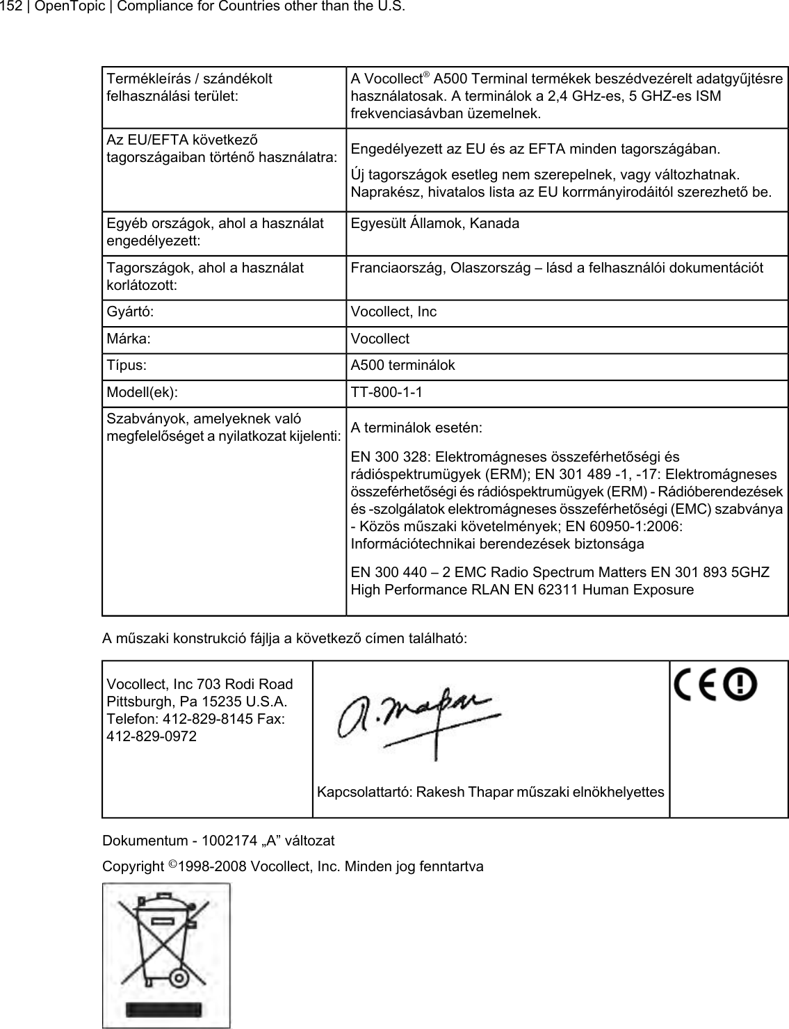 A Vocollect®A500 Terminal termékek beszédvezérelt adatgyűjtésrehasználatosak. A terminálok a 2,4 GHz-es, 5 GHZ-es ISMfrekvenciasávban üzemelnek.Termékleírás / szándékoltfelhasználási terület:Engedélyezett az EU és az EFTA minden tagországában.Az EU/EFTA következőtagországaiban történő használatra:Új tagországok esetleg nem szerepelnek, vagy változhatnak.Naprakész, hivatalos lista az EU korrmányirodáitól szerezhető be.Egyesült Államok, KanadaEgyéb országok, ahol a használatengedélyezett:Franciaország, Olaszország – lásd a felhasználói dokumentációtTagországok, ahol a használatkorlátozott:Vocollect, IncGyártó:VocollectMárka:A500 terminálokTípus:TT-800-1-1Modell(ek):A terminálok esetén:Szabványok, amelyeknek valómegfelelőséget a nyilatkozat kijelenti:EN 300 328: Elektromágneses összeférhetőségi ésrádióspektrumügyek (ERM); EN 301 489 -1, -17: Elektromágnesesösszeférhetőségi és rádióspektrumügyek (ERM) - Rádióberendezésekés -szolgálatok elektromágneses összeférhetőségi (EMC) szabványa- Közös műszaki követelmények; EN 60950-1:2006:Információtechnikai berendezések biztonságaEN 300 440 – 2 EMC Radio Spectrum Matters EN 301 893 5GHZHigh Performance RLAN EN 62311 Human ExposureA műszaki konstrukció fájlja a következő címen található:Vocollect, Inc 703 Rodi RoadPittsburgh, Pa 15235 U.S.A.Telefon: 412-829-8145 Fax:412-829-0972Kapcsolattartó: Rakesh Thapar műszaki elnökhelyettesDokumentum - 1002174 „A” változatCopyright ©1998-2008 Vocollect, Inc. Minden jog fenntartva152 | OpenTopic | Compliance for Countries other than the U.S.