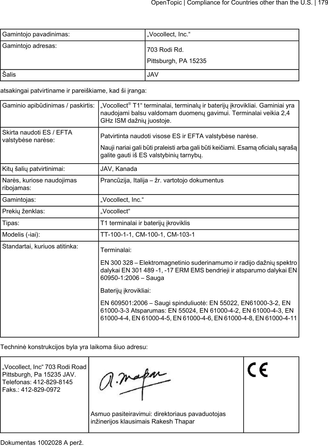 „Vocollect, Inc.“Gamintojo pavadinimas:703 Rodi Rd.Gamintojo adresas:Pittsburgh, PA 15235JAVŠalisatsakingai patvirtiname ir pareiškiame, kad ši įranga:„Vocollect®T1“ terminalai, terminalų ir baterijų įkrovikliai. Gaminiai yranaudojami balsu valdomam duomenų gavimui. Terminalai veikia 2,4GHz ISM dažnių juostoje.Gaminio apibūdinimas / paskirtis:Patvirtinta naudoti visose ES ir EFTA valstybėse narėse.Skirta naudoti ES / EFTAvalstybėse narėse:Nauji nariai gali būti praleisti arba gali būti keičiami. Esamą oficialų sąrašągalite gauti iš ES valstybinių tarnybų.JAV, KanadaKitų šalių patvirtinimai:Prancūzija, Italija – žr. vartotojo dokumentusNarės, kuriose naudojimasribojamas:„Vocollect, Inc.“Gamintojas:„Vocollect“Prekių ženklas:T1 terminalai ir baterijų įkroviklisTipas:TT-100-1-1, CM-100-1, CM-103-1Modelis (-iai):Terminalai:Standartai, kuriuos atitinka:EN 300 328 – Elektromagnetinio suderinamumo ir radijo dažnių spektrodalykai EN 301 489 -1, -17 ERM EMS bendrieji ir atsparumo dalykai EN60950-1:2006 – SaugaBaterijų įkrovikliai:EN 609501:2006 – Saugi spinduliuotė: EN 55022, EN61000-3-2, EN61000-3-3 Atsparumas: EN 55024, EN 61000-4-2, EN 61000-4-3, EN61000-4-4, EN 61000-4-5, EN 61000-4-6, EN 61000-4-8, EN 61000-4-11Techninė konstrukcijos byla yra laikoma šiuo adresu:„Vocollect, Inc“ 703 Rodi RoadPittsburgh, Pa 15235 JAV.Telefonas: 412-829-8145Faks.: 412-829-0972Asmuo pasiteiravimui: direktoriaus pavaduotojasinžinerijos klausimais Rakesh ThaparDokumentas 1002028 A perž.OpenTopic | Compliance for Countries other than the U.S. | 179