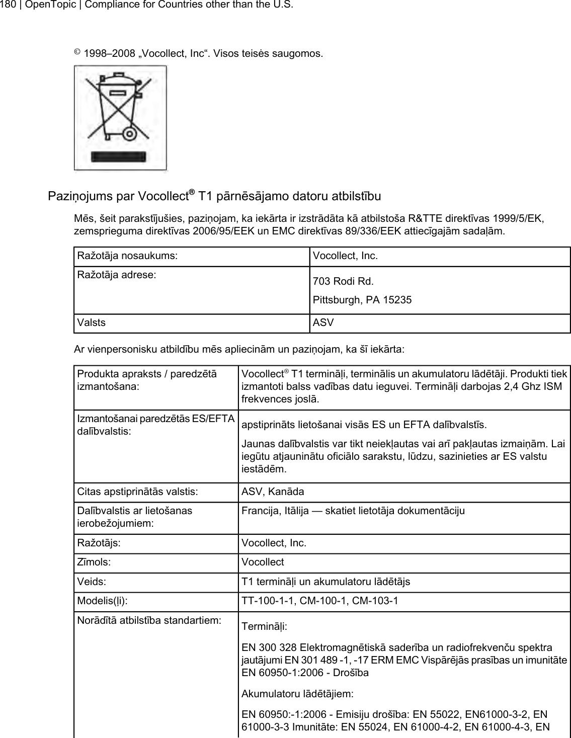 ©1998–2008 „Vocollect, Inc“. Visos teisės saugomos.Paziņojums par Vocollect®T1 pārnēsājamo datoru atbilstībuMēs, šeit parakstījušies, paziņojam, ka iekārta ir izstrādāta kā atbilstoša R&amp;TTE direktīvas 1999/5/EK,zemsprieguma direktīvas 2006/95/EEK un EMC direktīvas 89/336/EEK attiecīgajām sadaļām.Vocollect, Inc.Ražotāja nosaukums:703 Rodi Rd.Ražotāja adrese:Pittsburgh, PA 15235ASVValstsAr vienpersonisku atbildību mēs apliecinām un paziņojam, ka šī iekārta:Vocollect®T1 termināļi, terminālis un akumulatoru lādētāji. Produkti tiekizmantoti balss vadības datu ieguvei. Termināļi darbojas 2,4 Ghz ISMfrekvences joslā.Produkta apraksts / paredzētāizmantošana:apstiprināts lietošanai visās ES un EFTA dalībvalstīs.Izmantošanai paredzētās ES/EFTAdalībvalstis:Jaunas dalībvalstis var tikt neiekļautas vai arī pakļautas izmaiņām. Laiiegūtu atjauninātu oficiālo sarakstu, lūdzu, sazinieties ar ES valstuiestādēm.ASV, KanādaCitas apstiprinātās valstis:Francija, Itālija — skatiet lietotāja dokumentācijuDalībvalstis ar lietošanasierobežojumiem:Vocollect, Inc.Ražotājs:VocollectZīmols:T1 termināļi un akumulatoru lādētājsVeids:TT-100-1-1, CM-100-1, CM-103-1Modelis(ļi):Termināļi:Norādītā atbilstība standartiem:EN 300 328 Elektromagnētiskā saderība un radiofrekvenču spektrajautājumi EN 301 489 -1, -17 ERM EMC Vispārējās prasības un imunitāteEN 60950-1:2006 - DrošībaAkumulatoru lādētājiem:EN 60950:-1:2006 - Emisiju drošība: EN 55022, EN61000-3-2, EN61000-3-3 Imunitāte: EN 55024, EN 61000-4-2, EN 61000-4-3, EN180 | OpenTopic | Compliance for Countries other than the U.S.