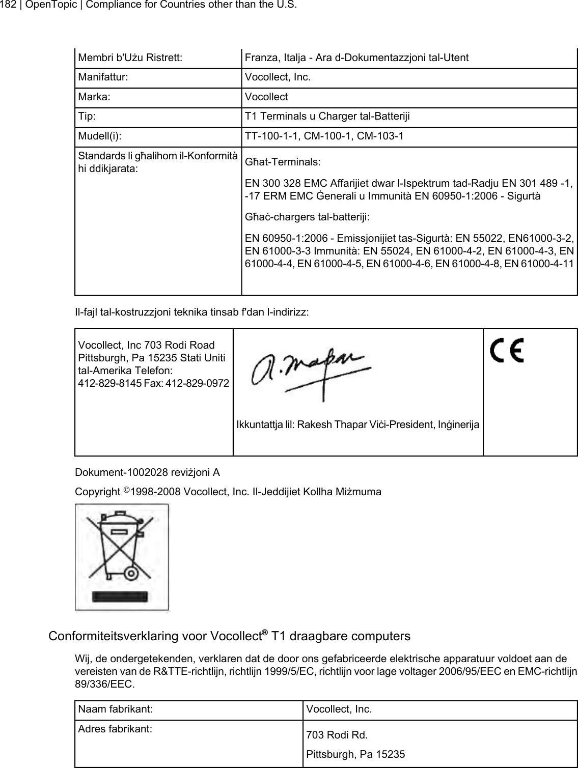 Franza, Italja - Ara d-Dokumentazzjoni tal-UtentMembri b&apos;Użu Ristrett:Vocollect, Inc.Manifattur:VocollectMarka:T1 Terminals u Charger tal-BatterijiTip:TT-100-1-1, CM-100-1, CM-103-1Mudell(i):Għat-Terminals:Standards li għalihom il-Konformitàhi ddikjarata:EN 300 328 EMC Affarijiet dwar l-Ispektrum tad-Radju EN 301 489 -1,-17 ERM EMC Ġenerali u Immunità EN 60950-1:2006 - SigurtàGħaċ-chargers tal-batteriji:EN 60950-1:2006 - Emissjonijiet tas-Sigurtà: EN 55022, EN61000-3-2,EN 61000-3-3 Immunità: EN 55024, EN 61000-4-2, EN 61000-4-3, EN61000-4-4, EN 61000-4-5, EN 61000-4-6, EN 61000-4-8, EN 61000-4-11Il-fajl tal-kostruzzjoni teknika tinsab f&apos;dan l-indirizz:Vocollect, Inc 703 Rodi RoadPittsburgh, Pa 15235 Stati Unitital-Amerika Telefon:412-829-8145 Fax: 412-829-0972Ikkuntattja lil: Rakesh Thapar Viċi-President, InġinerijaDokument-1002028 reviżjoni ACopyright ©1998-2008 Vocollect, Inc. Il-Jeddijiet Kollha MiżmumaConformiteitsverklaring voor Vocollect®T1 draagbare computersWij, de ondergetekenden, verklaren dat de door ons gefabriceerde elektrische apparatuur voldoet aan devereisten van de R&amp;TTE-richtlijn, richtlijn 1999/5/EC, richtlijn voor lage voltager 2006/95/EEC en EMC-richtlijn89/336/EEC.Vocollect, Inc.Naam fabrikant:703 Rodi Rd.Adres fabrikant:Pittsburgh, Pa 15235182 | OpenTopic | Compliance for Countries other than the U.S.