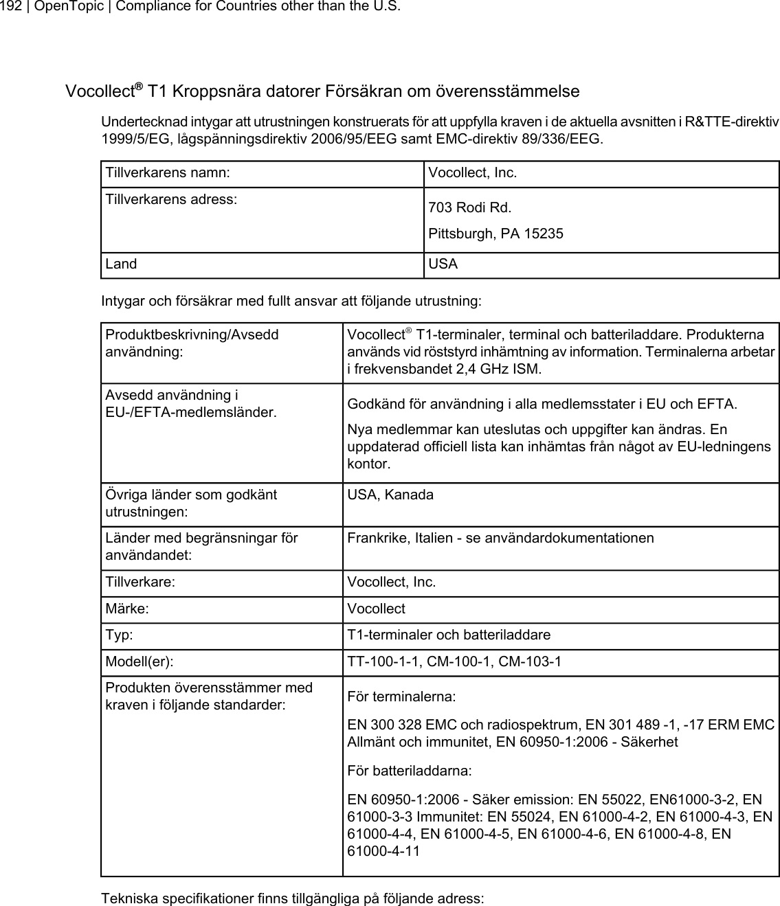 Vocollect®T1 Kroppsnära datorer Försäkran om överensstämmelseUndertecknad intygar att utrustningen konstruerats för att uppfylla kraven i de aktuella avsnitten i R&amp;TTE-direktiv1999/5/EG, lågspänningsdirektiv 2006/95/EEG samt EMC-direktiv 89/336/EEG.Vocollect, Inc.Tillverkarens namn:703 Rodi Rd.Tillverkarens adress:Pittsburgh, PA 15235USALandIntygar och försäkrar med fullt ansvar att följande utrustning:Vocollect®T1-terminaler, terminal och batteriladdare. Produkternaanvänds vid röststyrd inhämtning av information. Terminalerna arbetari frekvensbandet 2,4 GHz ISM.Produktbeskrivning/Avseddanvändning:Godkänd för användning i alla medlemsstater i EU och EFTA.Avsedd användning iEU-/EFTA-medlemsländer.Nya medlemmar kan uteslutas och uppgifter kan ändras. Enuppdaterad officiell lista kan inhämtas från något av EU-ledningenskontor.USA, KanadaÖvriga länder som godkäntutrustningen:Frankrike, Italien - se användardokumentationenLänder med begränsningar föranvändandet:Vocollect, Inc.Tillverkare:VocollectMärke:T1-terminaler och batteriladdareTyp:TT-100-1-1, CM-100-1, CM-103-1Modell(er):För terminalerna:Produkten överensstämmer medkraven i följande standarder:EN 300 328 EMC och radiospektrum, EN 301 489 -1, -17 ERM EMCAllmänt och immunitet, EN 60950-1:2006 - SäkerhetFör batteriladdarna:EN 60950-1:2006 - Säker emission: EN 55022, EN61000-3-2, EN61000-3-3 Immunitet: EN 55024, EN 61000-4-2, EN 61000-4-3, EN61000-4-4, EN 61000-4-5, EN 61000-4-6, EN 61000-4-8, EN61000-4-11Tekniska specifikationer finns tillgängliga på följande adress:192 | OpenTopic | Compliance for Countries other than the U.S.