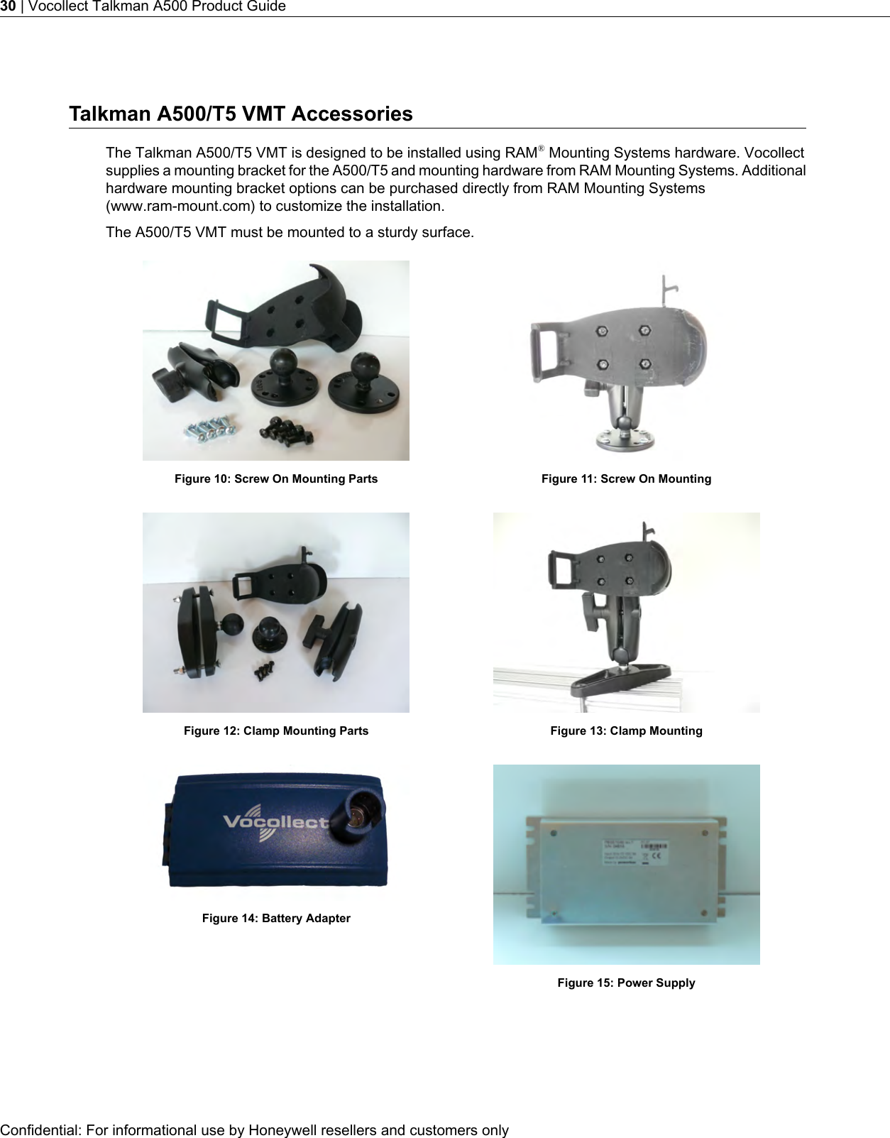 Talkman A500/T5 VMT AccessoriesThe Talkman A500/T5 VMT is designed to be installed using RAM®Mounting Systems hardware. Vocollectsupplies a mounting bracket for the A500/T5 and mounting hardware from RAM Mounting Systems. Additionalhardware mounting bracket options can be purchased directly from RAM Mounting Systems(www.ram-mount.com) to customize the installation.The A500/T5 VMT must be mounted to a sturdy surface.Figure 11: Screw On MountingFigure 10: Screw On Mounting PartsFigure 13: Clamp MountingFigure 12: Clamp Mounting PartsFigure 15: Power SupplyFigure 14: Battery AdapterConfidential: For informational use by Honeywell resellers and customers only30 | Vocollect Talkman A500 Product Guide