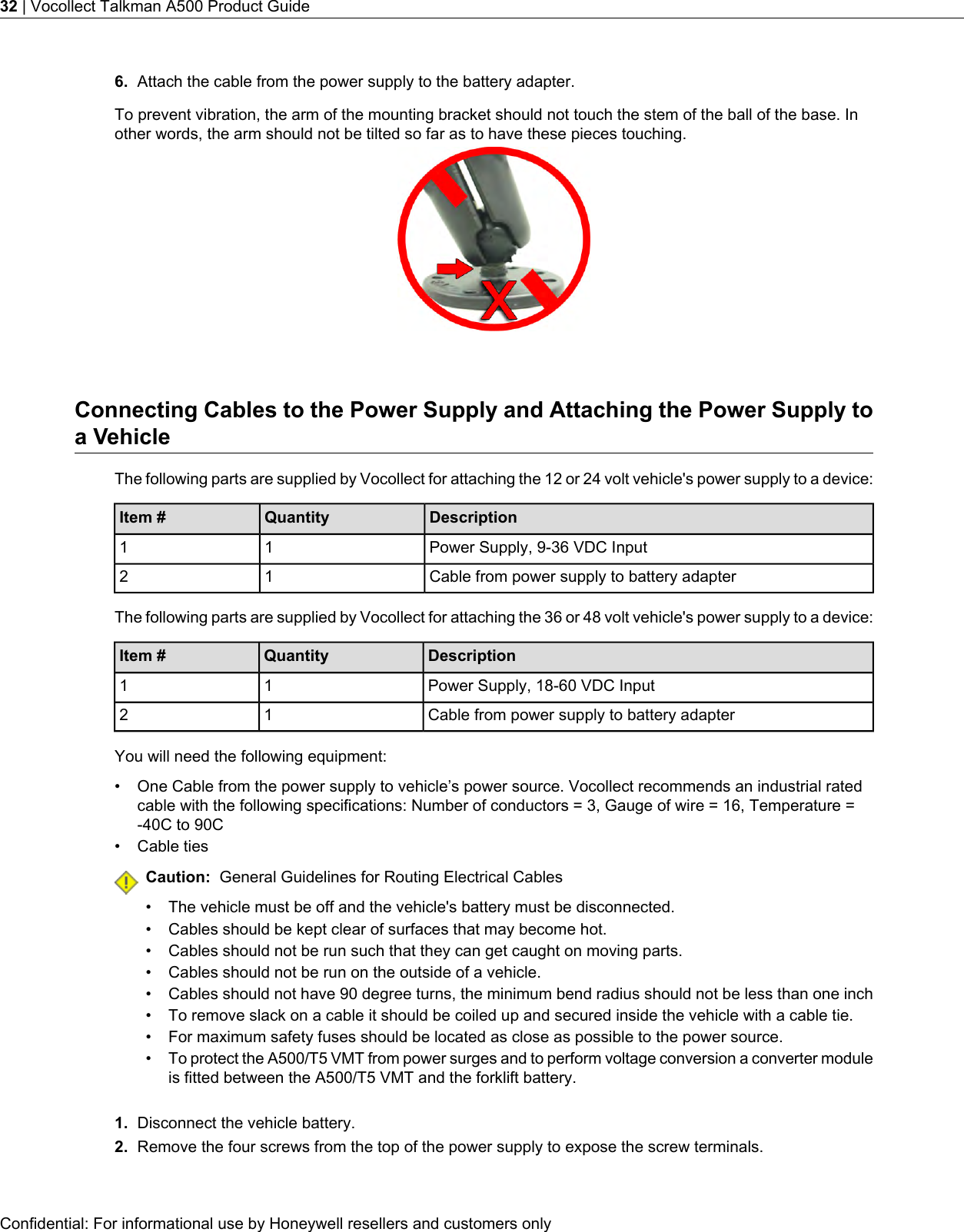 6. Attach the cable from the power supply to the battery adapter.To prevent vibration, the arm of the mounting bracket should not touch the stem of the ball of the base. Inother words, the arm should not be tilted so far as to have these pieces touching.Connecting Cables to the Power Supply and Attaching the Power Supply toa VehicleThe following parts are supplied by Vocollect for attaching the 12 or 24 volt vehicle&apos;s power supply to a device:DescriptionQuantityItem #Power Supply, 9-36 VDC Input11Cable from power supply to battery adapter12The following parts are supplied by Vocollect for attaching the 36 or 48 volt vehicle&apos;s power supply to a device:DescriptionQuantityItem #Power Supply, 18-60 VDC Input11Cable from power supply to battery adapter12You will need the following equipment:• One Cable from the power supply to vehicle’s power source. Vocollect recommends an industrial ratedcable with the following specifications: Number of conductors = 3, Gauge of wire = 16, Temperature =-40C to 90C• Cable tiesCaution: General Guidelines for Routing Electrical Cables• The vehicle must be off and the vehicle&apos;s battery must be disconnected.• Cables should be kept clear of surfaces that may become hot.• Cables should not be run such that they can get caught on moving parts.• Cables should not be run on the outside of a vehicle.• Cables should not have 90 degree turns, the minimum bend radius should not be less than one inch• To remove slack on a cable it should be coiled up and secured inside the vehicle with a cable tie.• For maximum safety fuses should be located as close as possible to the power source.•To protect the A500/T5 VMT from power surges and to perform voltage conversion a converter moduleis fitted between the A500/T5 VMT and the forklift battery.1. Disconnect the vehicle battery.2. Remove the four screws from the top of the power supply to expose the screw terminals.Confidential: For informational use by Honeywell resellers and customers only32 | Vocollect Talkman A500 Product Guide