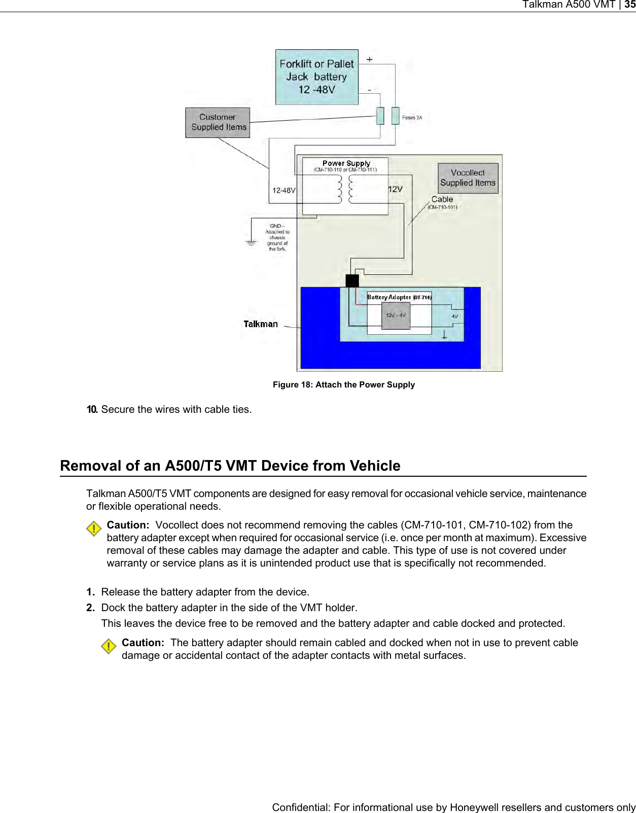 Figure 18: Attach the Power Supply10. Secure the wires with cable ties.Removal of an A500/T5 VMT Device from VehicleTalkman A500/T5 VMT components are designed for easy removal for occasional vehicle service, maintenanceor flexible operational needs.Caution: Vocollect does not recommend removing the cables (CM-710-101, CM-710-102) from thebattery adapter except when required for occasional service (i.e. once per month at maximum). Excessiveremoval of these cables may damage the adapter and cable. This type of use is not covered underwarranty or service plans as it is unintended product use that is specifically not recommended.1. Release the battery adapter from the device.2. Dock the battery adapter in the side of the VMT holder.This leaves the device free to be removed and the battery adapter and cable docked and protected.Caution: The battery adapter should remain cabled and docked when not in use to prevent cabledamage or accidental contact of the adapter contacts with metal surfaces.Confidential: For informational use by Honeywell resellers and customers onlyTalkman A500 VMT | 35