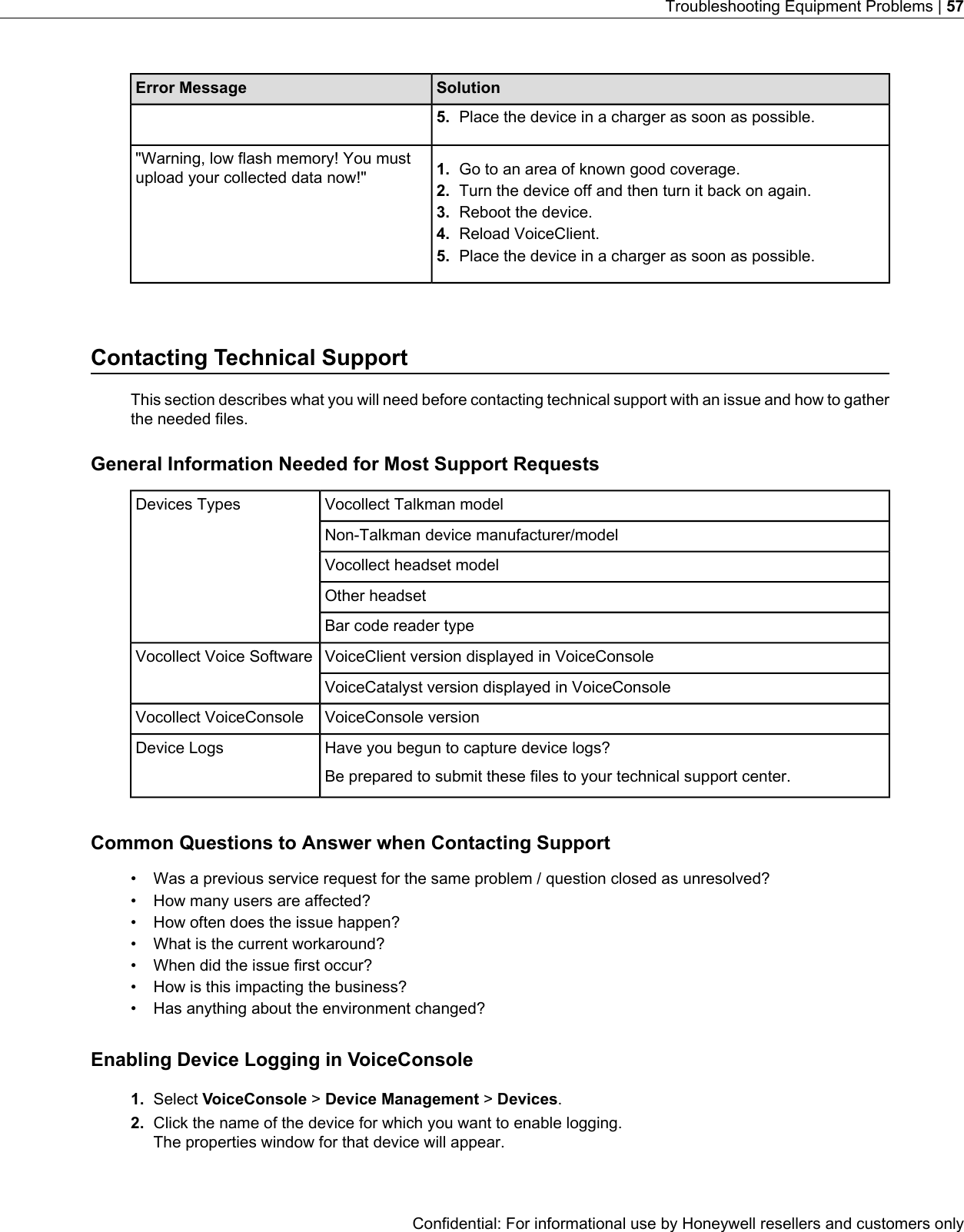 SolutionError Message5. Place the device in a charger as soon as possible.&quot;Warning, low flash memory! You mustupload your collected data now!&quot; 1. Go to an area of known good coverage.2. Turn the device off and then turn it back on again.3. Reboot the device.4. Reload VoiceClient.5. Place the device in a charger as soon as possible.Contacting Technical SupportThis section describes what you will need before contacting technical support with an issue and how to gatherthe needed files.General Information Needed for Most Support RequestsVocollect Talkman modelDevices TypesNon-Talkman device manufacturer/modelVocollect headset modelOther headsetBar code reader typeVoiceClient version displayed in VoiceConsoleVocollect Voice SoftwareVoiceCatalyst version displayed in VoiceConsoleVoiceConsole versionVocollect VoiceConsoleHave you begun to capture device logs?Be prepared to submit these files to your technical support center.Device LogsCommon Questions to Answer when Contacting Support• Was a previous service request for the same problem / question closed as unresolved?• How many users are affected?• How often does the issue happen?• What is the current workaround?• When did the issue first occur?• How is this impacting the business?• Has anything about the environment changed?Enabling Device Logging in VoiceConsole1. Select VoiceConsole &gt;Device Management &gt;Devices.2. Click the name of the device for which you want to enable logging.The properties window for that device will appear.Confidential: For informational use by Honeywell resellers and customers onlyTroubleshooting Equipment Problems | 57