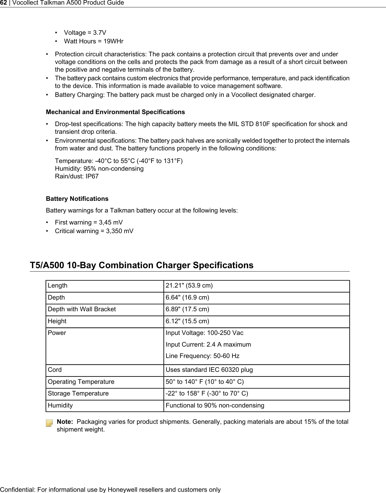 Voltage = 3.7V•• Watt Hours = 19WHr• Protection circuit characteristics: The pack contains a protection circuit that prevents over and undervoltage conditions on the cells and protects the pack from damage as a result of a short circuit betweenthe positive and negative terminals of the battery.•The battery pack contains custom electronics that provide performance, temperature, and pack identificationto the device. This information is made available to voice management software.• Battery Charging: The battery pack must be charged only in a Vocollect designated charger.Mechanical and Environmental Specifications• Drop-test specifications: The high capacity battery meets the MIL STD 810F specification for shock andtransient drop criteria.•Environmental specifications: The battery pack halves are sonically welded together to protect the internalsfrom water and dust. The battery functions properly in the following conditions:Temperature: -40°C to 55°C (-40°F to 131°F)Humidity: 95% non-condensingRain/dust: IP67Battery NotificationsBattery warnings for a Talkman battery occur at the following levels:• First warning = 3,45 mV• Critical warning = 3,350 mVT5/A500 10-Bay Combination Charger Specifications21.21&quot; (53.9 cm)Length6.64&quot; (16.9 cm)Depth6.89&quot; (17.5 cm)Depth with Wall Bracket6.12&quot; (15.5 cm)HeightInput Voltage: 100-250 VacInput Current: 2.4 A maximumPowerLine Frequency: 50-60 HzUses standard IEC 60320 plugCord50° to 140° F (10° to 40° C)Operating Temperature-22° to 158° F (-30° to 70° C)Storage TemperatureFunctional to 90% non-condensingHumidityNote: Packaging varies for product shipments. Generally, packing materials are about 15% of the totalshipment weight.Confidential: For informational use by Honeywell resellers and customers only62 | Vocollect Talkman A500 Product Guide