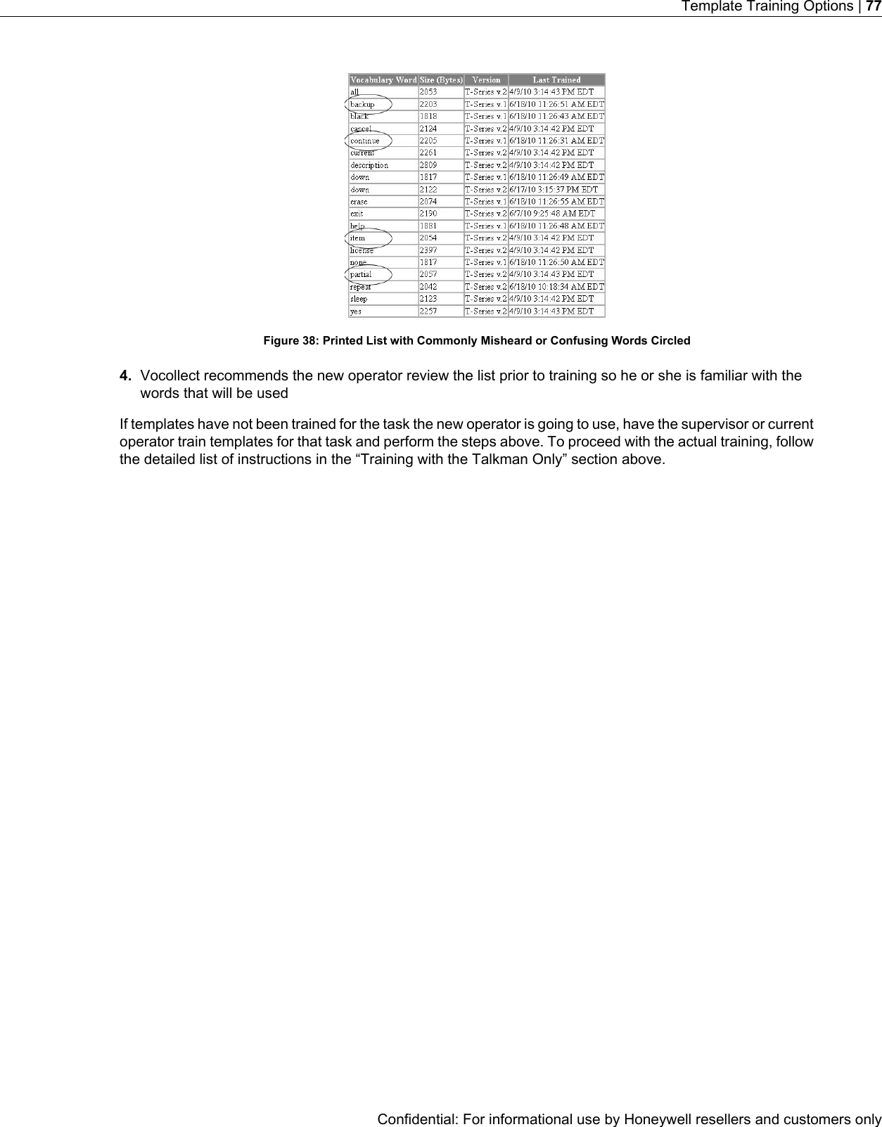 Figure 38: Printed List with Commonly Misheard or Confusing Words Circled4. Vocollect recommends the new operator review the list prior to training so he or she is familiar with thewords that will be usedIf templates have not been trained for the task the new operator is going to use, have the supervisor or currentoperator train templates for that task and perform the steps above. To proceed with the actual training, followthe detailed list of instructions in the “Training with the Talkman Only” section above.Confidential: For informational use by Honeywell resellers and customers onlyTemplate Training Options | 77