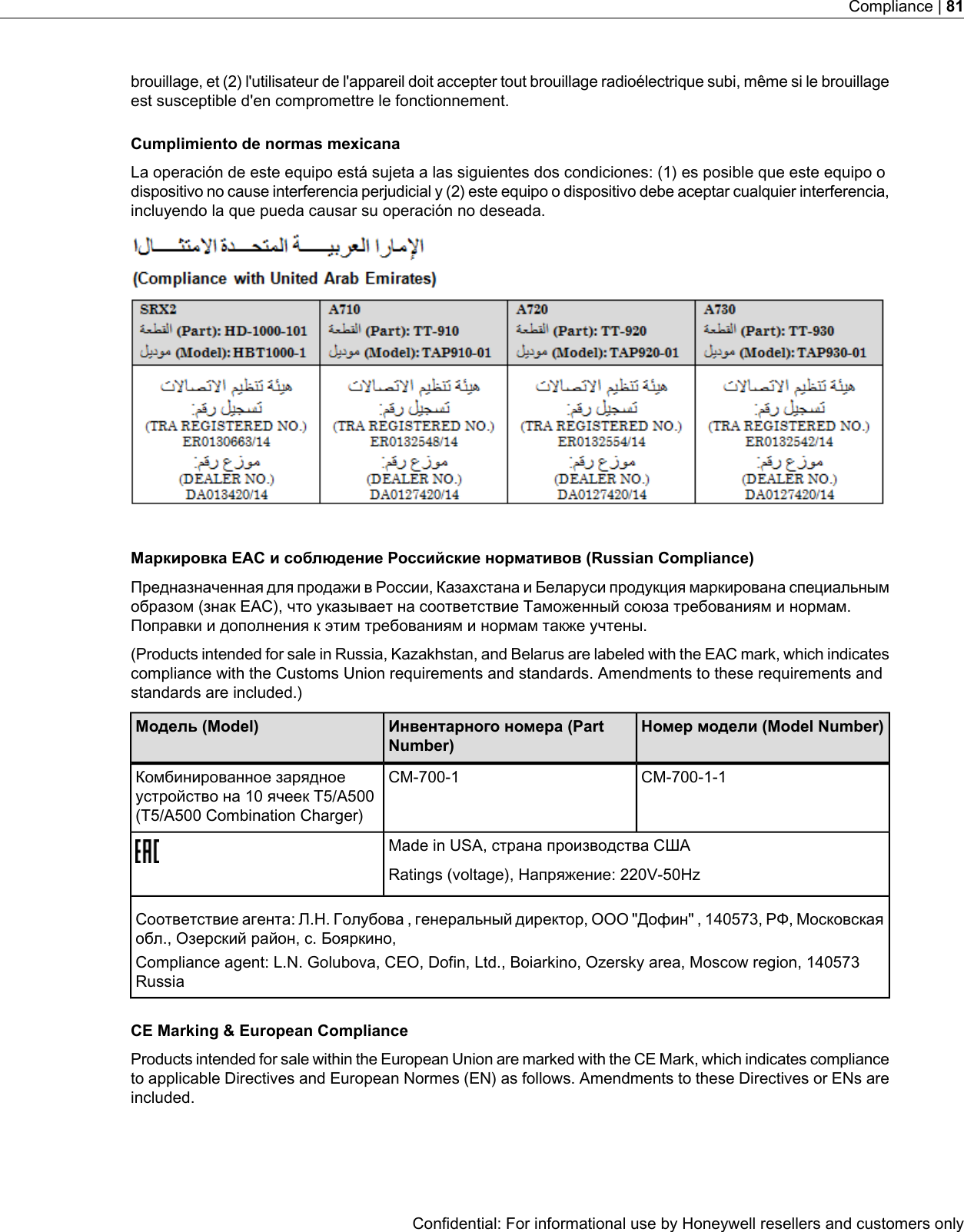 brouillage, et (2) l&apos;utilisateur de l&apos;appareil doit accepter tout brouillage radioélectrique subi, même si le brouillageest susceptible d&apos;en compromettre le fonctionnement.Cumplimiento de normas mexicanaLa operación de este equipo está sujeta a las siguientes dos condiciones: (1) es posible que este equipo odispositivo no cause interferencia perjudicial y (2) este equipo o dispositivo debe aceptar cualquier interferencia,incluyendo la que pueda causar su operación no deseada.Маркировка EAC и соблюдение Российские нормативов (Russian Compliance)Предназначенная для продажи в России, Казахстана и Беларуси продукция маркирована специальнымобразом (знак EAC), что указывает на соответствие Таможенный союза требованиям и нормам.Поправки и дополнения к этим требованиям и нормам также учтены.(Products intended for sale in Russia, Kazakhstan, and Belarus are labeled with the EAC mark, which indicatescompliance with the Customs Union requirements and standards. Amendments to these requirements andstandards are included.)Номер модели (Model Number)Инвентарного номера (PartNumber)Модель (Model)CM-700-1-1CM-700-1Комбинированное зарядноеустройство на 10 ячеек T5/A500(T5/A500 Combination Charger)Made in USA, страна производства СШАRatings (voltage), Напряжение: 220V-50HzСоответствие агента: Л.Н. Голубова , генеральный директор, ООО &quot;Дофин&quot; , 140573, РФ, Московскаяобл., Озерский район, с. Бояркино,Compliance agent: L.N. Golubova, CEO, Dofin, Ltd., Boiarkino, Ozersky area, Moscow region, 140573RussiaCE Marking &amp; European ComplianceProducts intended for sale within the European Union are marked with the CE Mark, which indicates complianceto applicable Directives and European Normes (EN) as follows. Amendments to these Directives or ENs areincluded.Confidential: For informational use by Honeywell resellers and customers onlyCompliance | 81